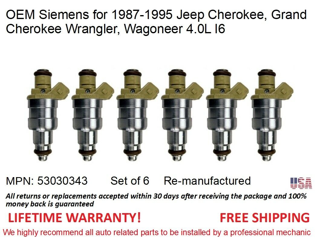 6 Fuel Injectors for 1993-1995 Jeep Grand Cherokee 4.0L I6 OEM Siemens #53030343