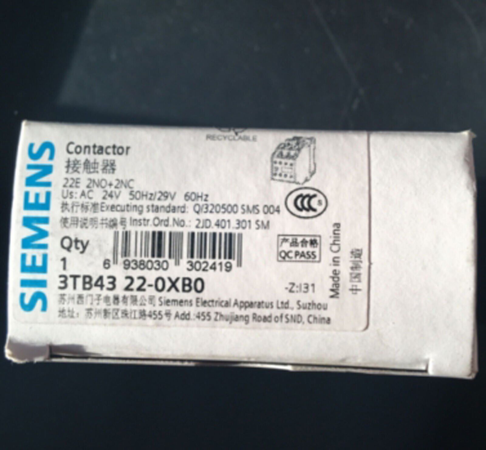 NEW SIEMENS 3TB4322-0XB0 3TB43220XB0 Contactor AC24V ship DHL