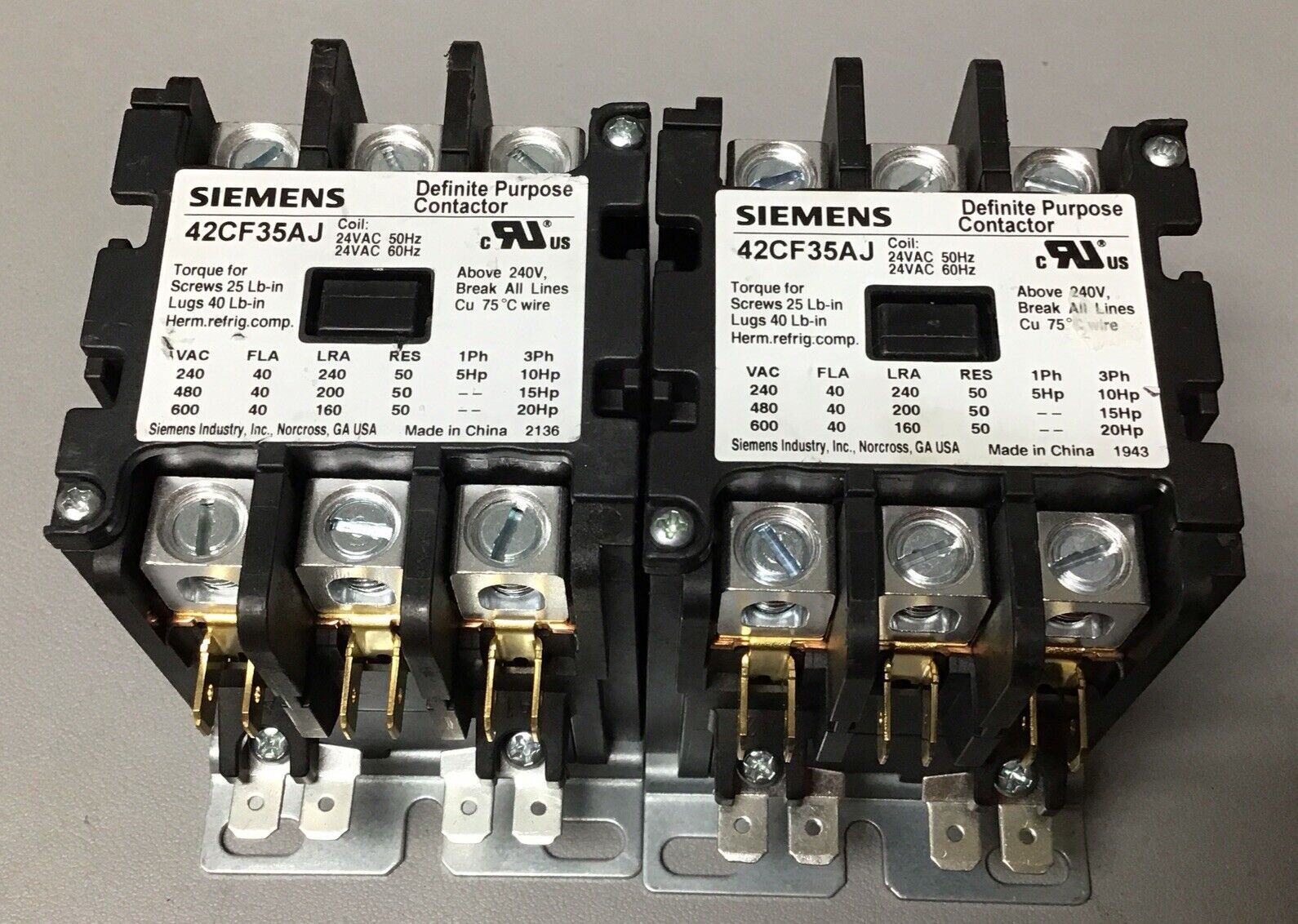 Lot Of 2 Siemens 3 Phase 24VAC 40A Definite Purpose Contactor 42CF35AJ (b501)