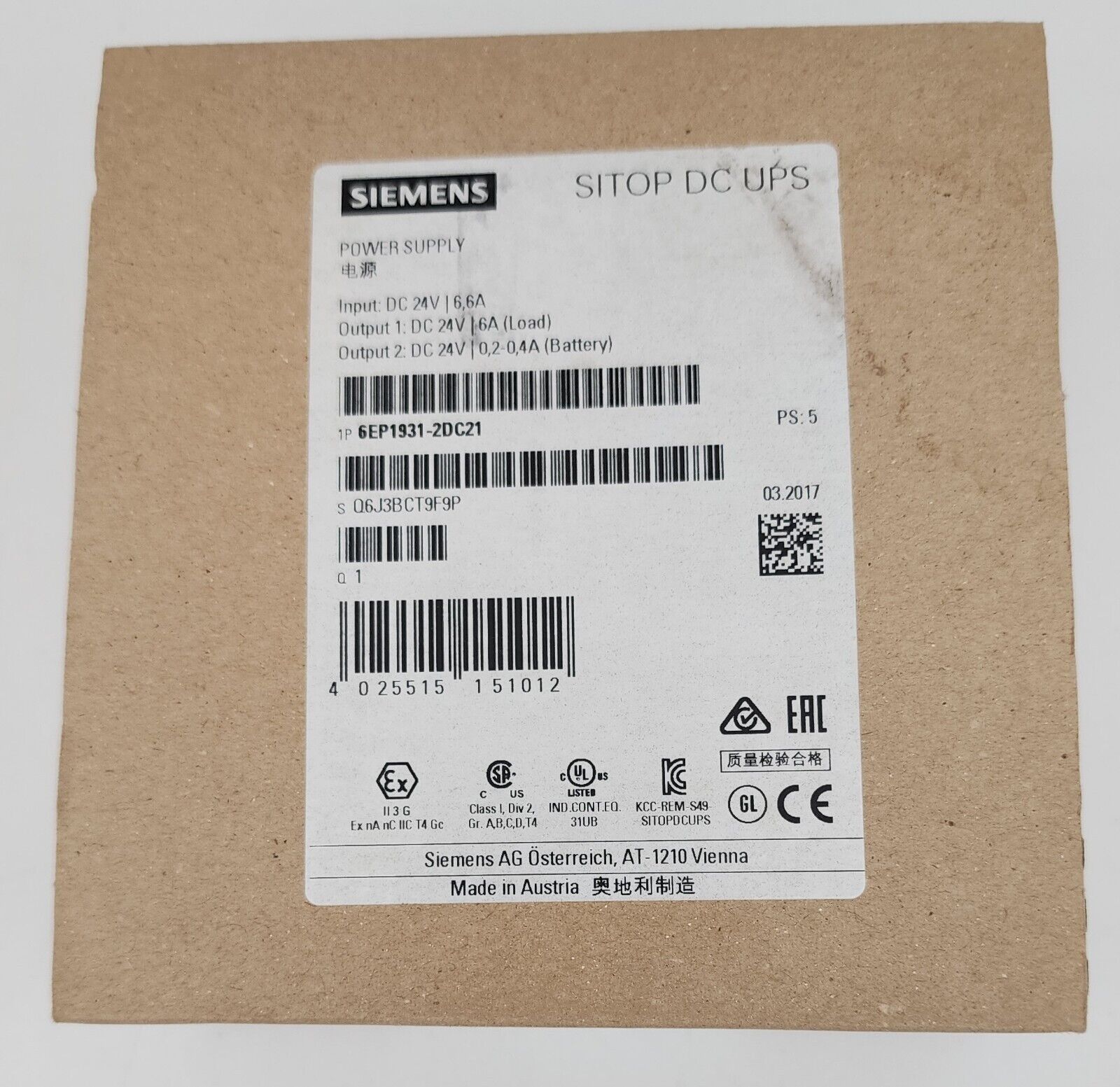 SIEMENS 6EP1931-2DC21 DC UPS 144W, 24V, 6A, 22 to 29V DC In, Din RaiL* USA STOCK