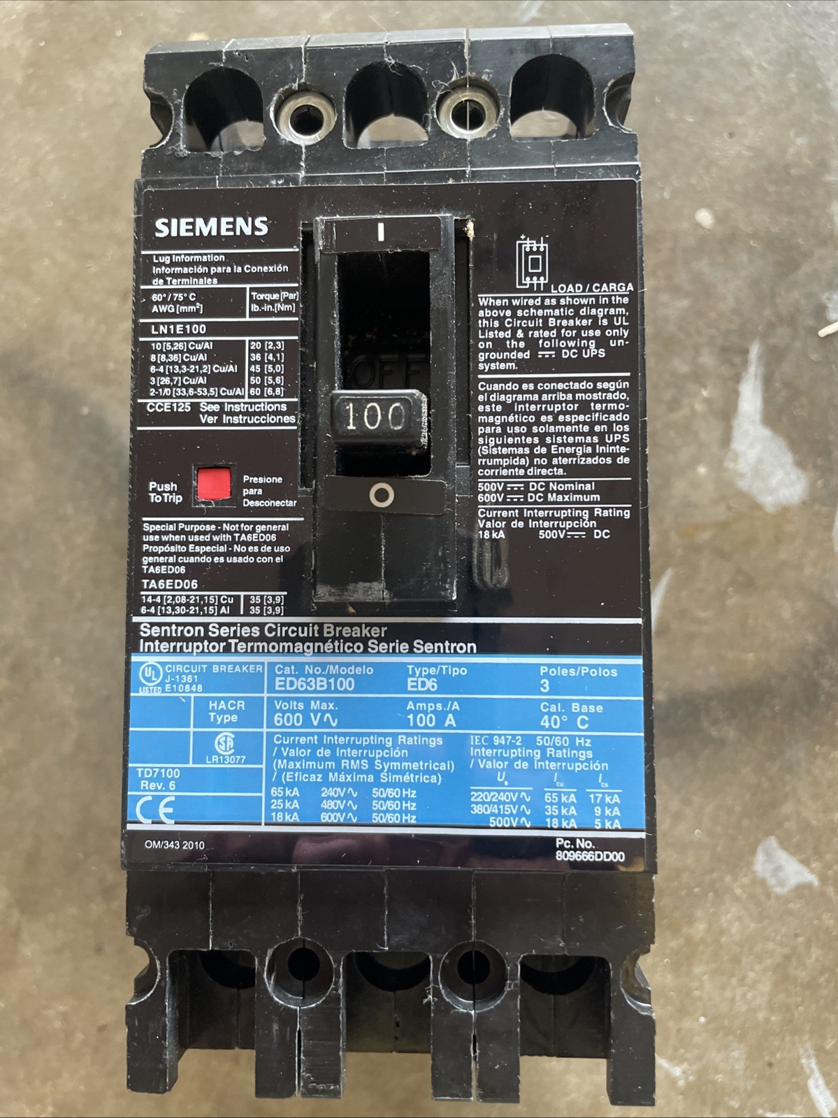 SIEMENS SENTRON SERIES 3P 100A Model ED63B100 CIRCUIT BREAKER 100 AMP, ED6.