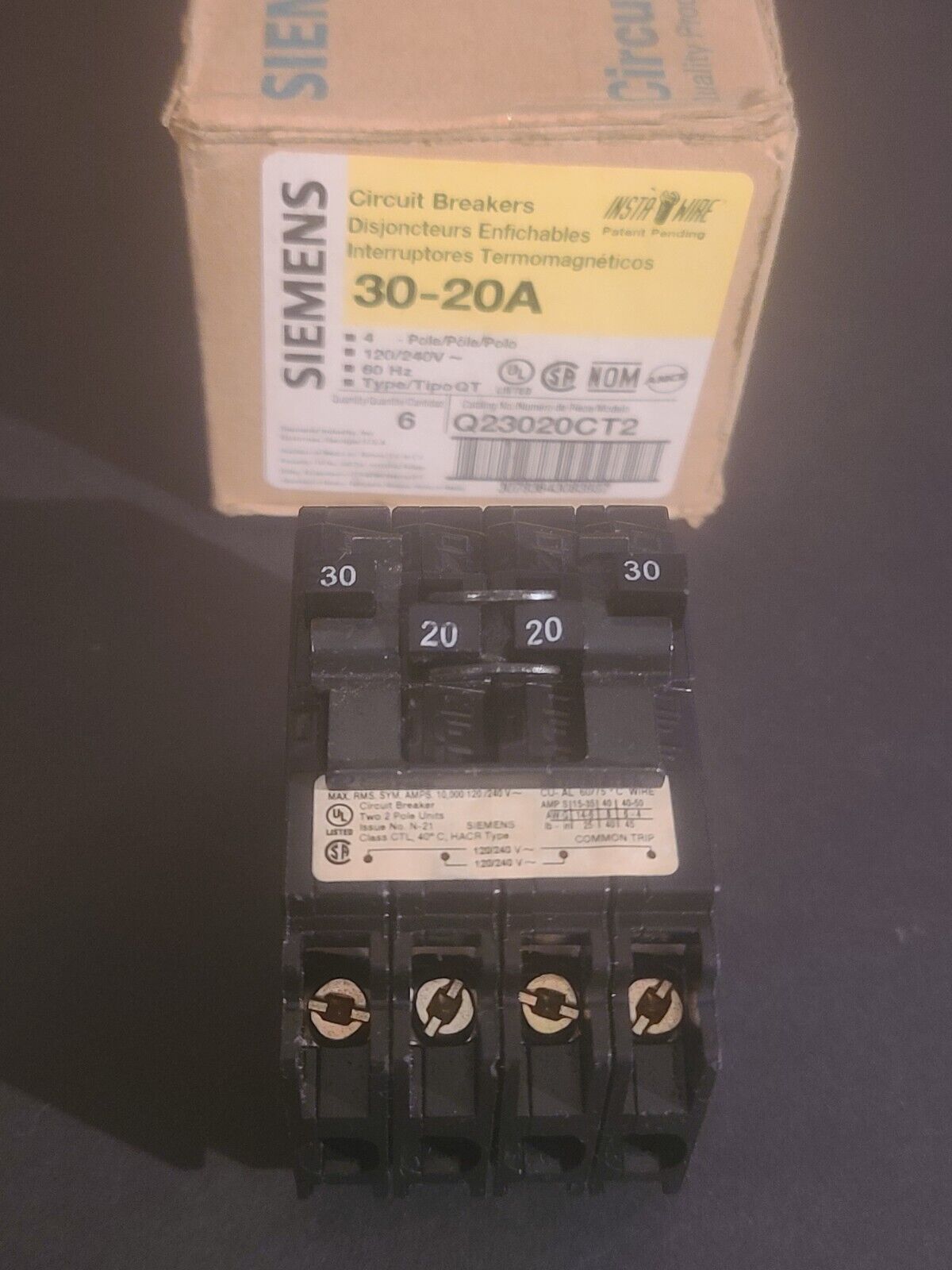 Siemens Q23020CT2 30a-20a 2 pole Plug-in 240v Quad Quadplex Circuit Breaker
