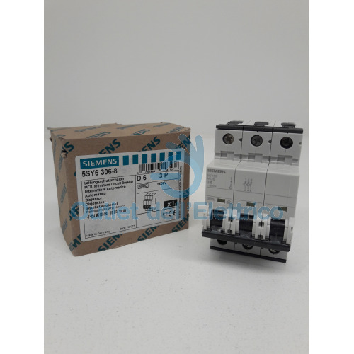 Siemens Circuit Breaker 3P 6A 6KA Curve D 3 Modules 5SY63068