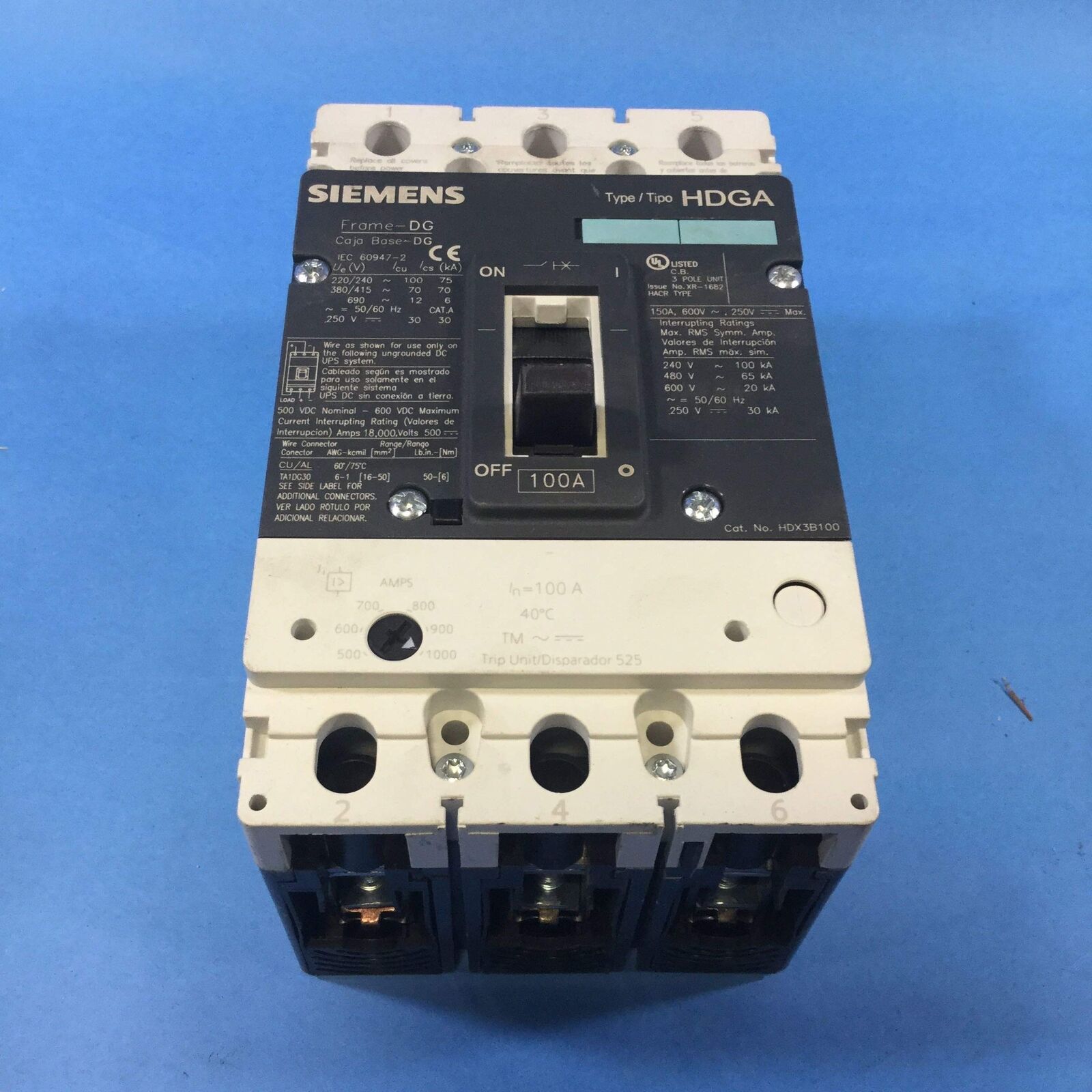 Siemens Hdx3b100, Vl Circuit Breaker, 3 Pole, 100A, 65Ka @ 480V Hdx3b100