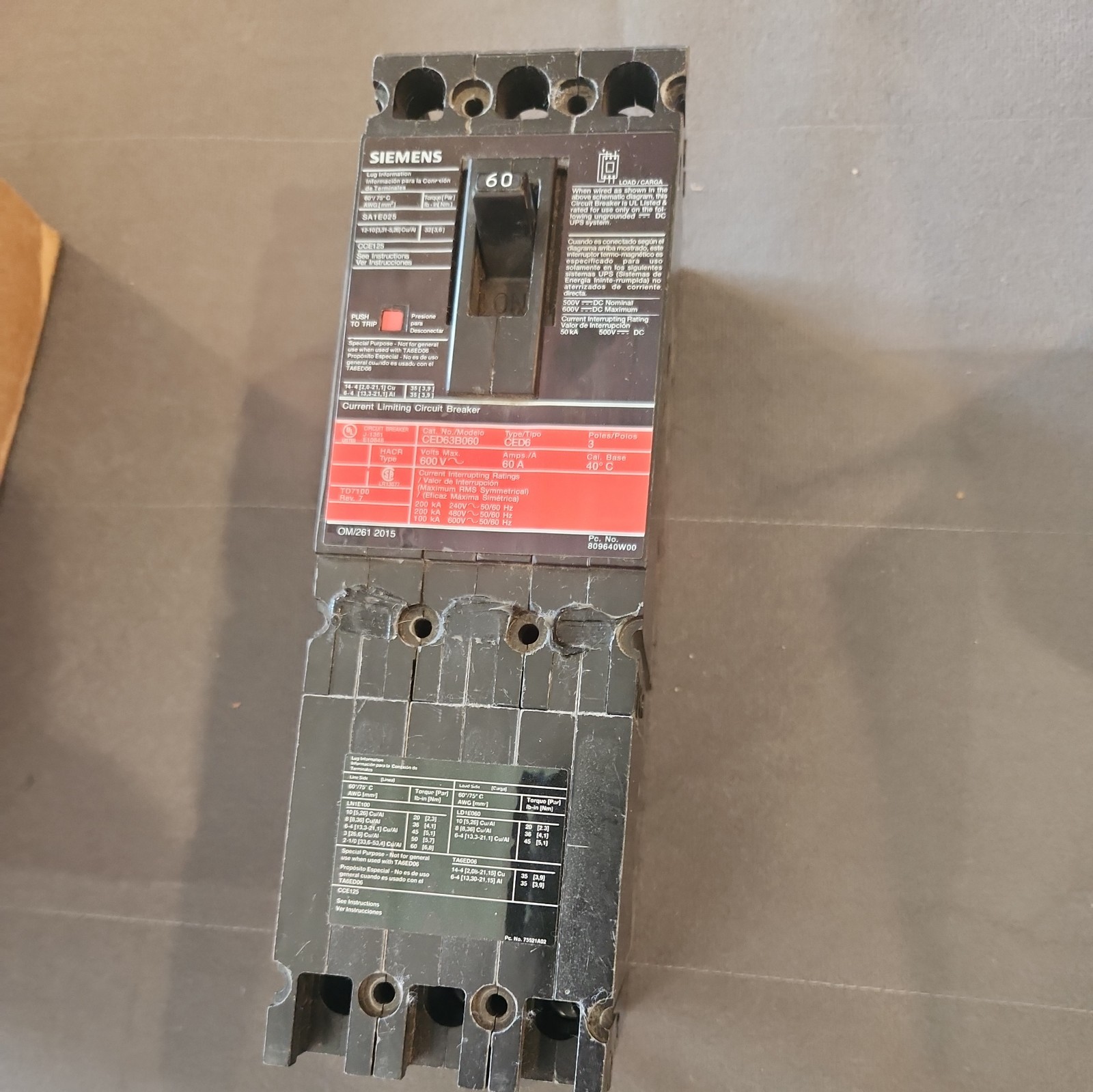 Siemens CED63B060 Current Limiting Circuit Breaker 3 Pole, 600 VAC
