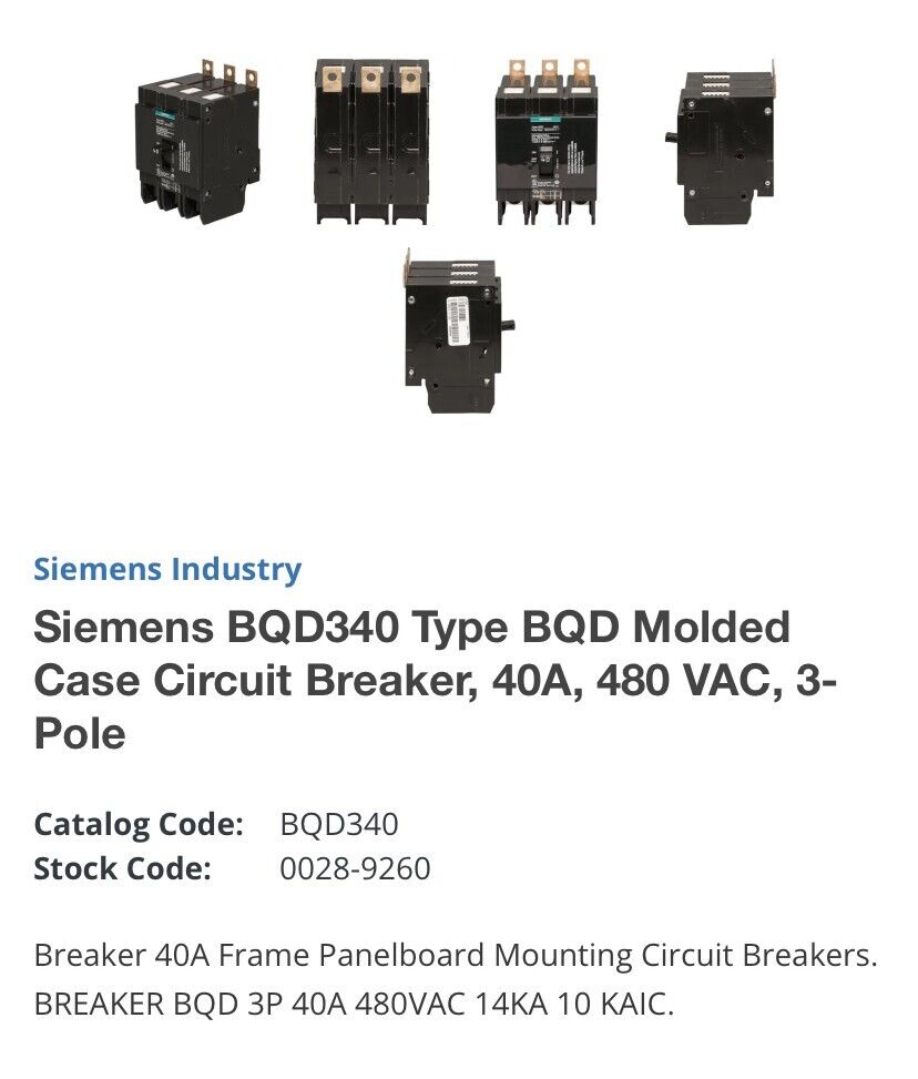 New- Siemens BQD340 - Molded Case Circuit Breaker - 40A, 3-Pole, 480V