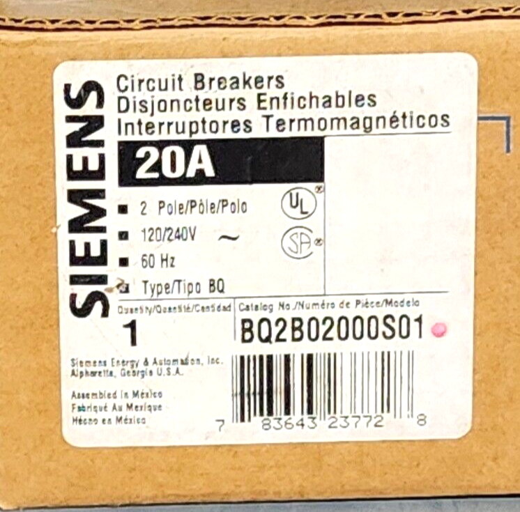 SIEMENS BQ2B02000S01 20 AMP 2 POLE 120/240V TYPE BQ BREAKER