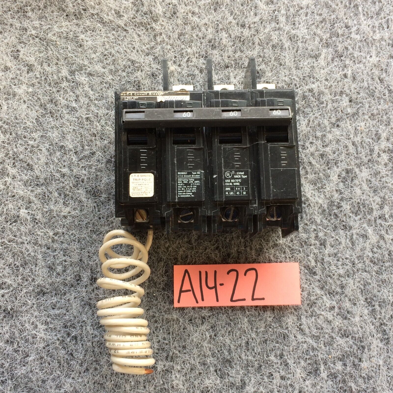 ITE SIEMENS BQ3B060 60 Amp 3 Pole 240 Volt Circuit Breaker with Shunt Trip
