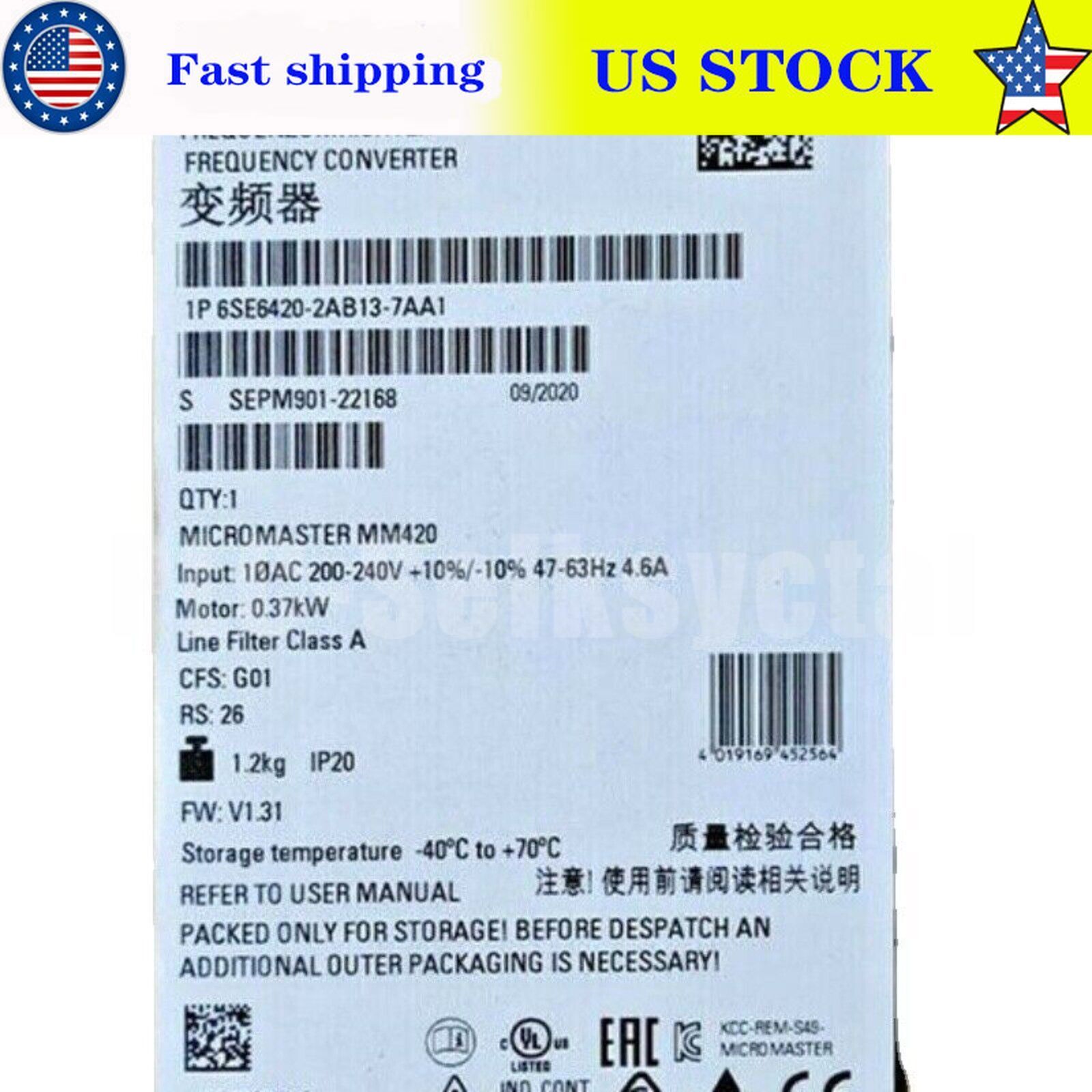 New Siemens 6SE6 420-2AB13-7AA1 6SE6420-2AB13-7AA1 MICROMASTER420 without filter