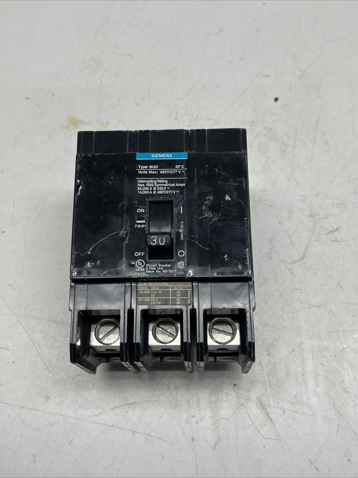 SIEMENS CIRCUIT BREAKER BQD330BP 30A 480Y/277V 3P BOLT-ON