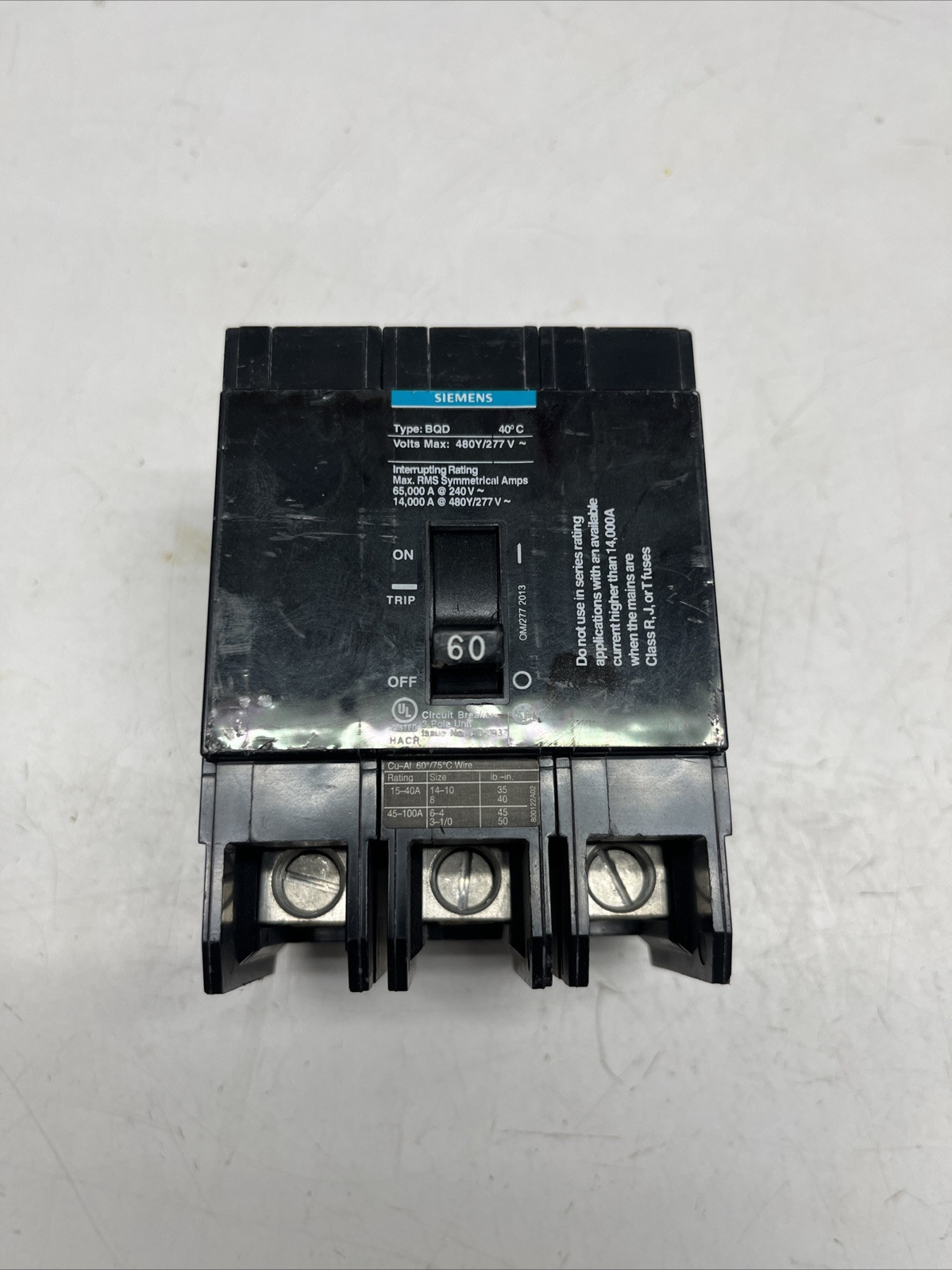 Siemens BQD360BP 3p 60 Amp 480Y/277V New takeout!