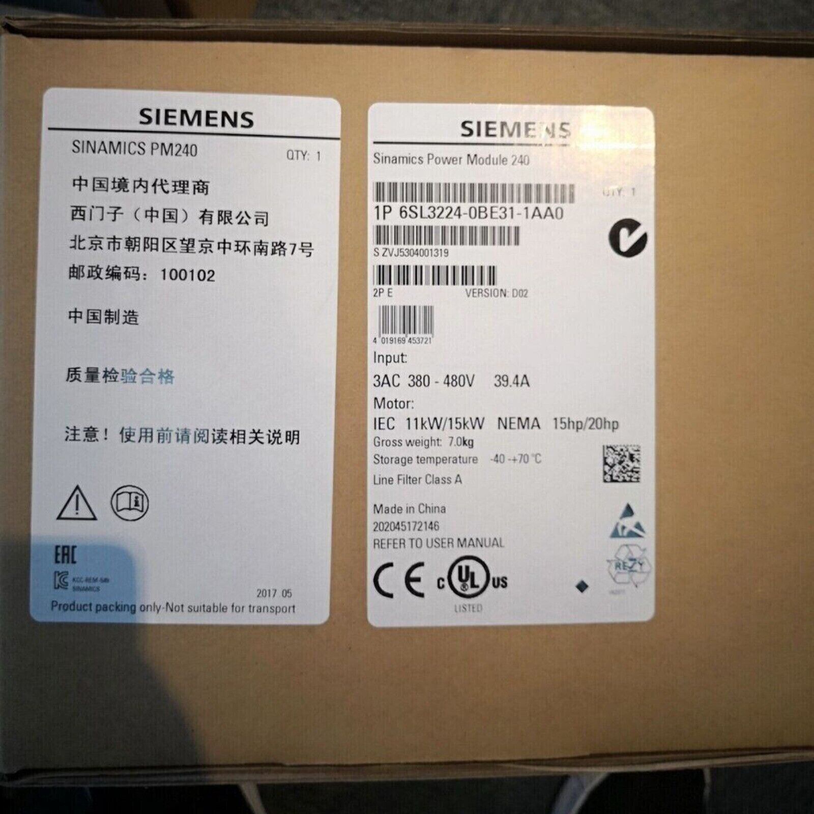 New Siemens 6SL3224-0BE31-1AA0 6SL32240BE311AA0 G120 PM240 Power Module