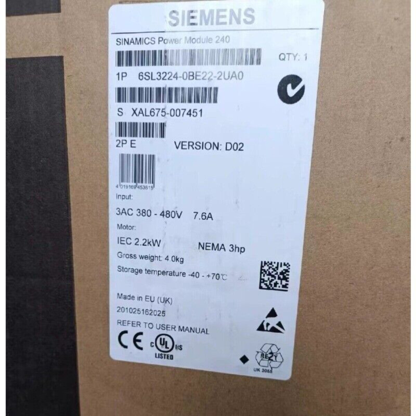 New Siemens 6SL3224-0BE22-2UA0 6SL32240BE222UA0 G120 PM 240 Power Module
