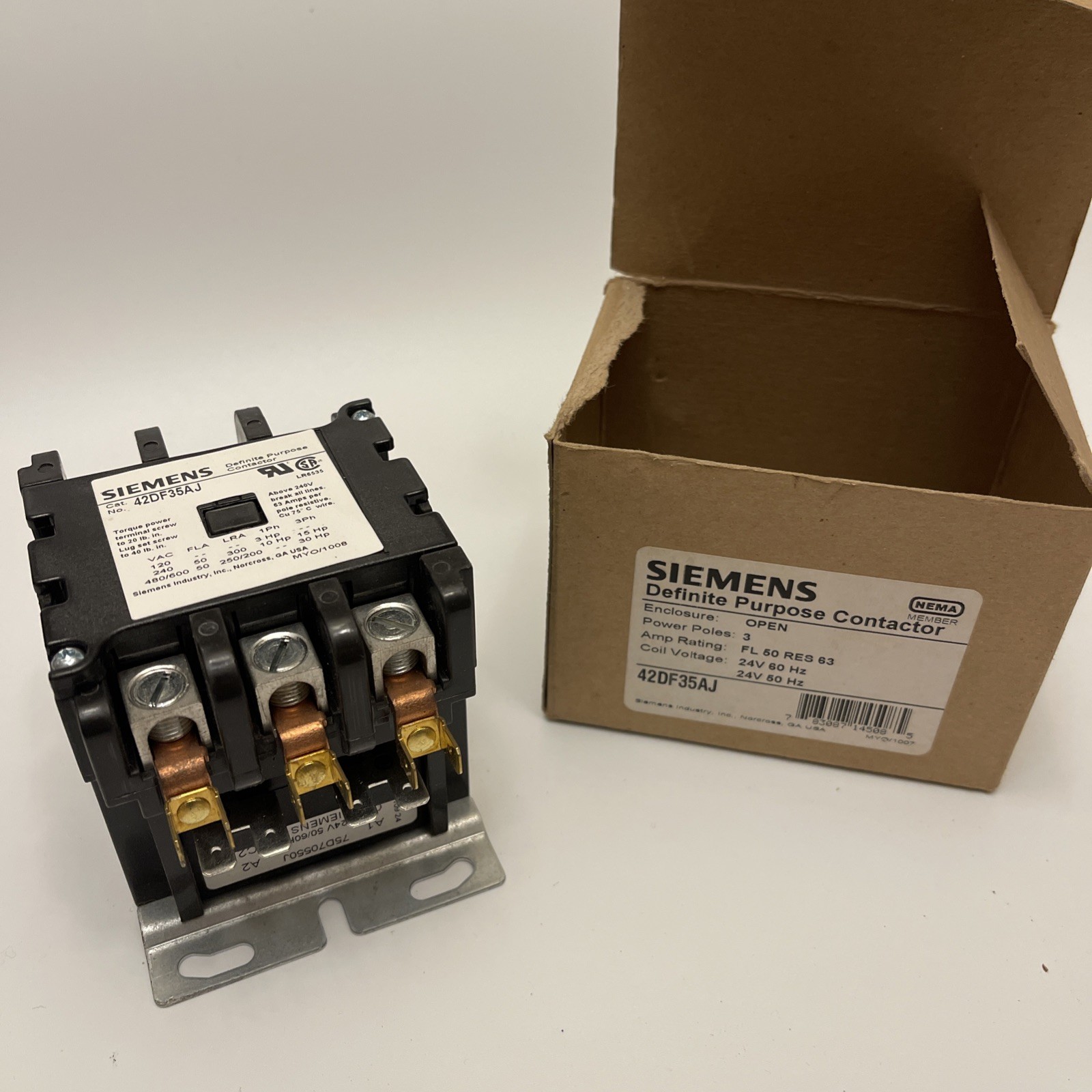 SIEMENS 42DF35AJ Definite Purpose Contactor - 3 Pole, 50A, 24VAC Coil - NOS