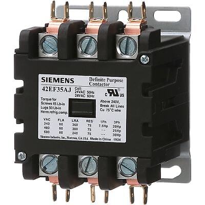 1PC SIEMENS 42EF35AJ Definite Purpose Contactor, 3-Pole, 60A, 24VAC Coil, Class