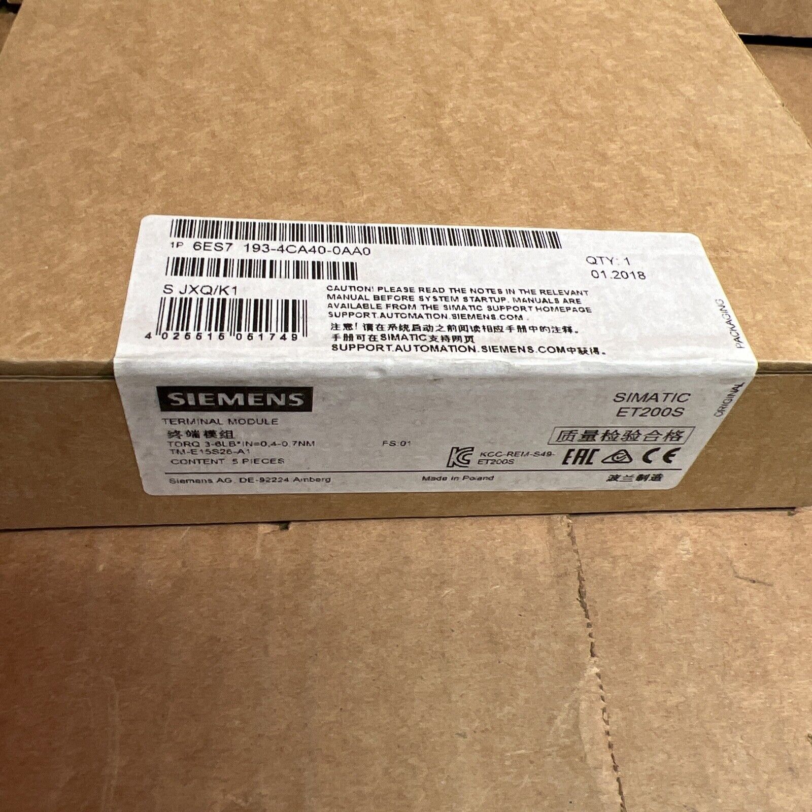 New Sealed Siemens 6ES7 193-4CA40-0AA0 Simatic ET 200S Terninal Module BOX OF 5