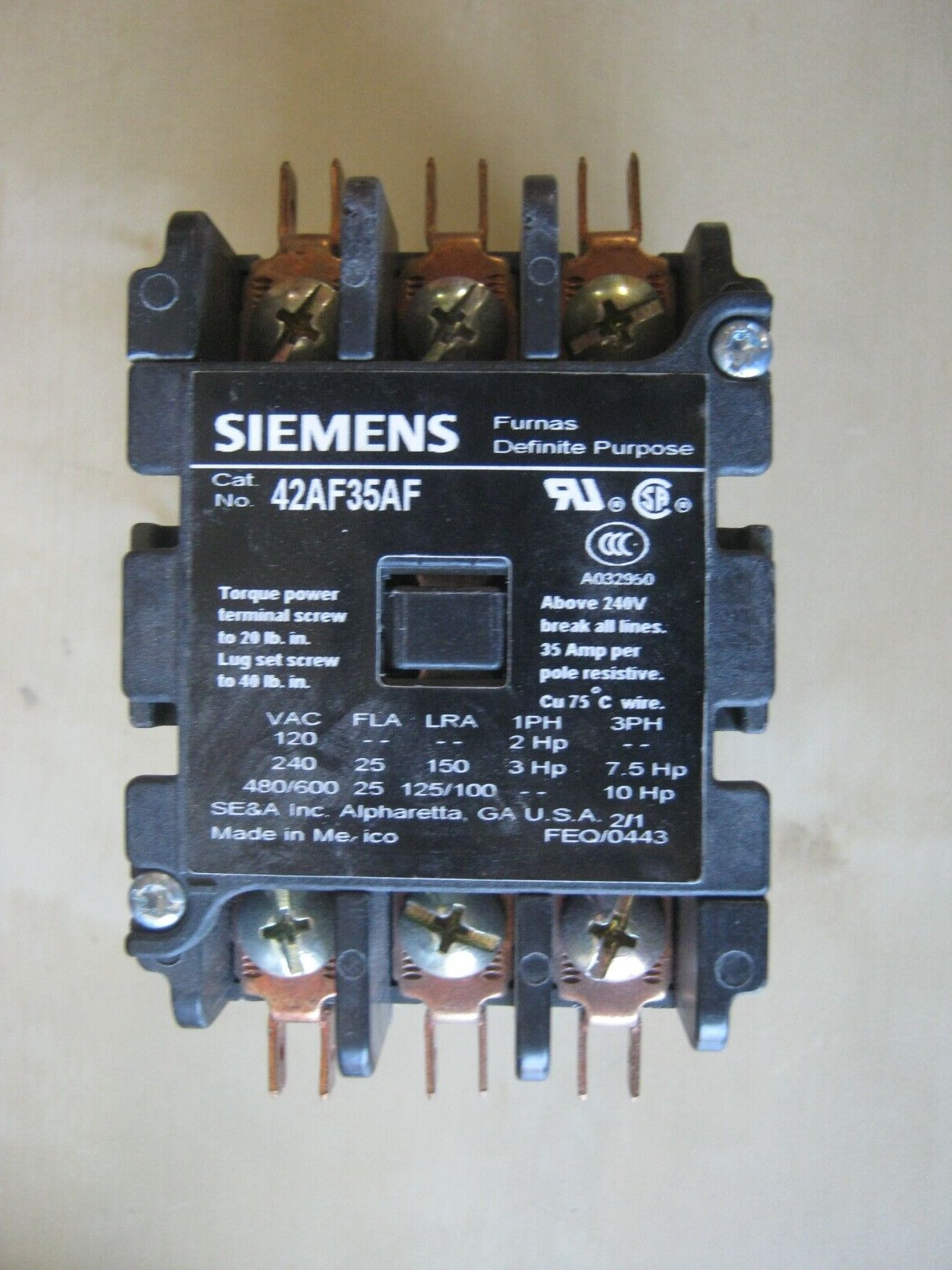 NEW Siemens Furnas 42AF35AF 3 pole 25 amp contactor coil 120vac
