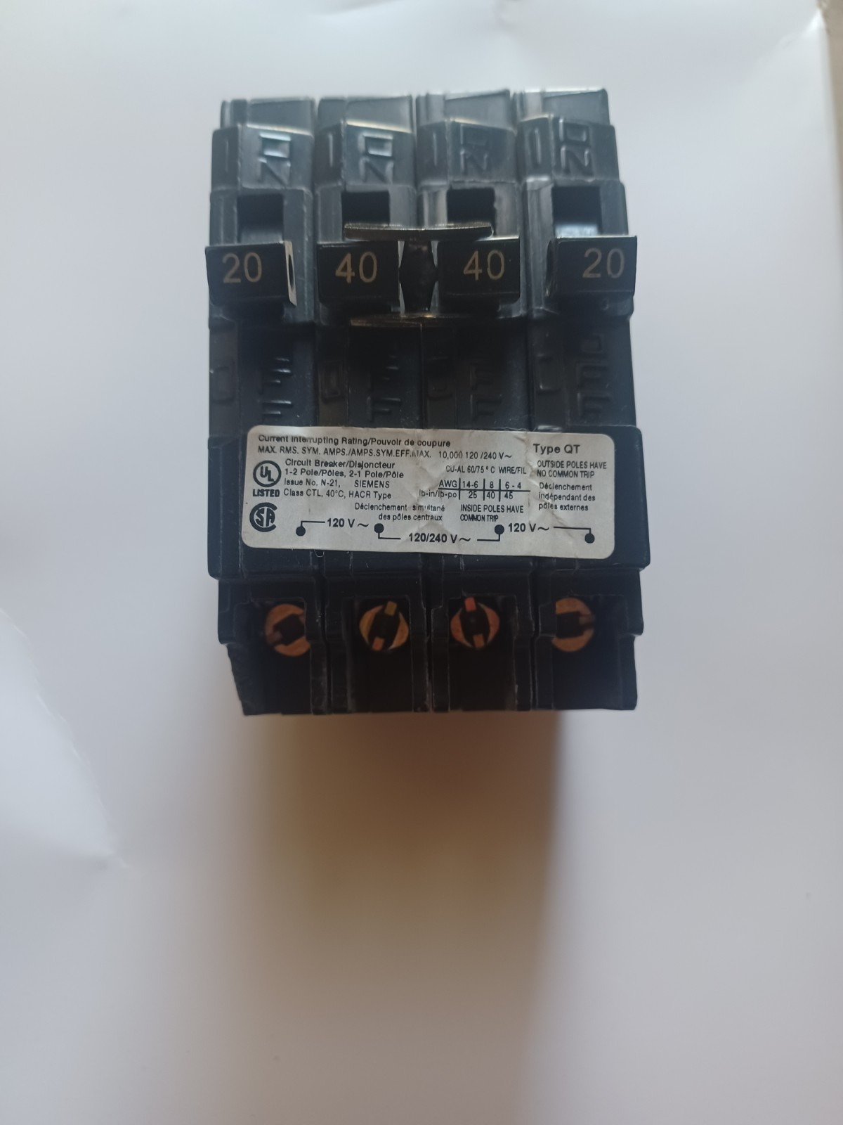 Siemens Q22040CT 20/40 Amp 2 Single Pole 1 Double Pole 120/240V Breaker