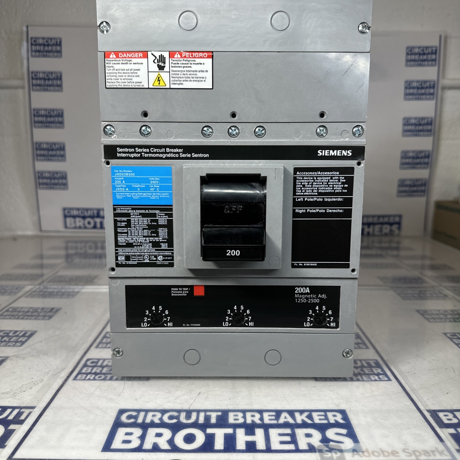 SIEMENS JXD23B200 200 Amp 240V 3 Pole 65kA Circuit Breaker (No Lugs)
