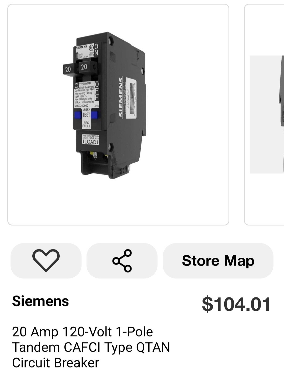 Siemens 20 Amp 120-Volt 1-PoleTandem CAFCI Type QTANCircuit Breaker