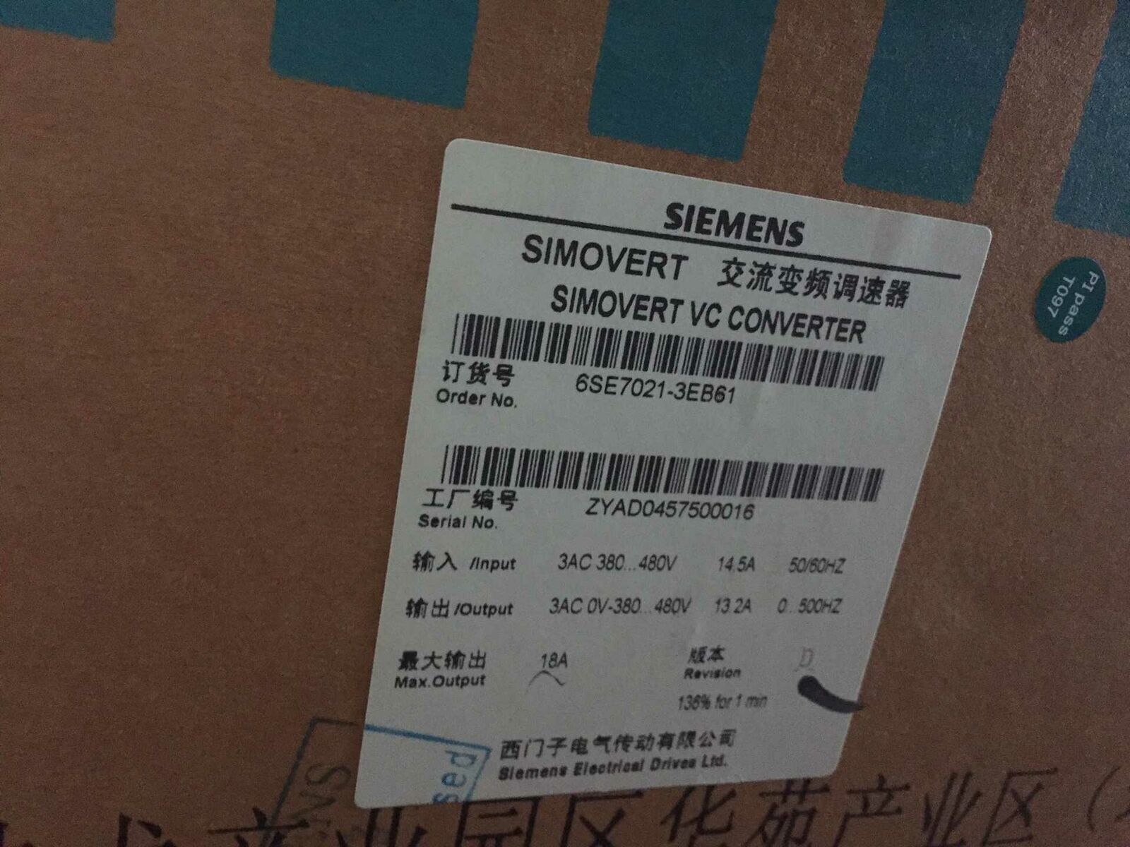 NEW SIEMENS 6SE7021-3EB61 SIM0VERT MASTERDRIVES VECT0R C0NTR0L C0NVERTER