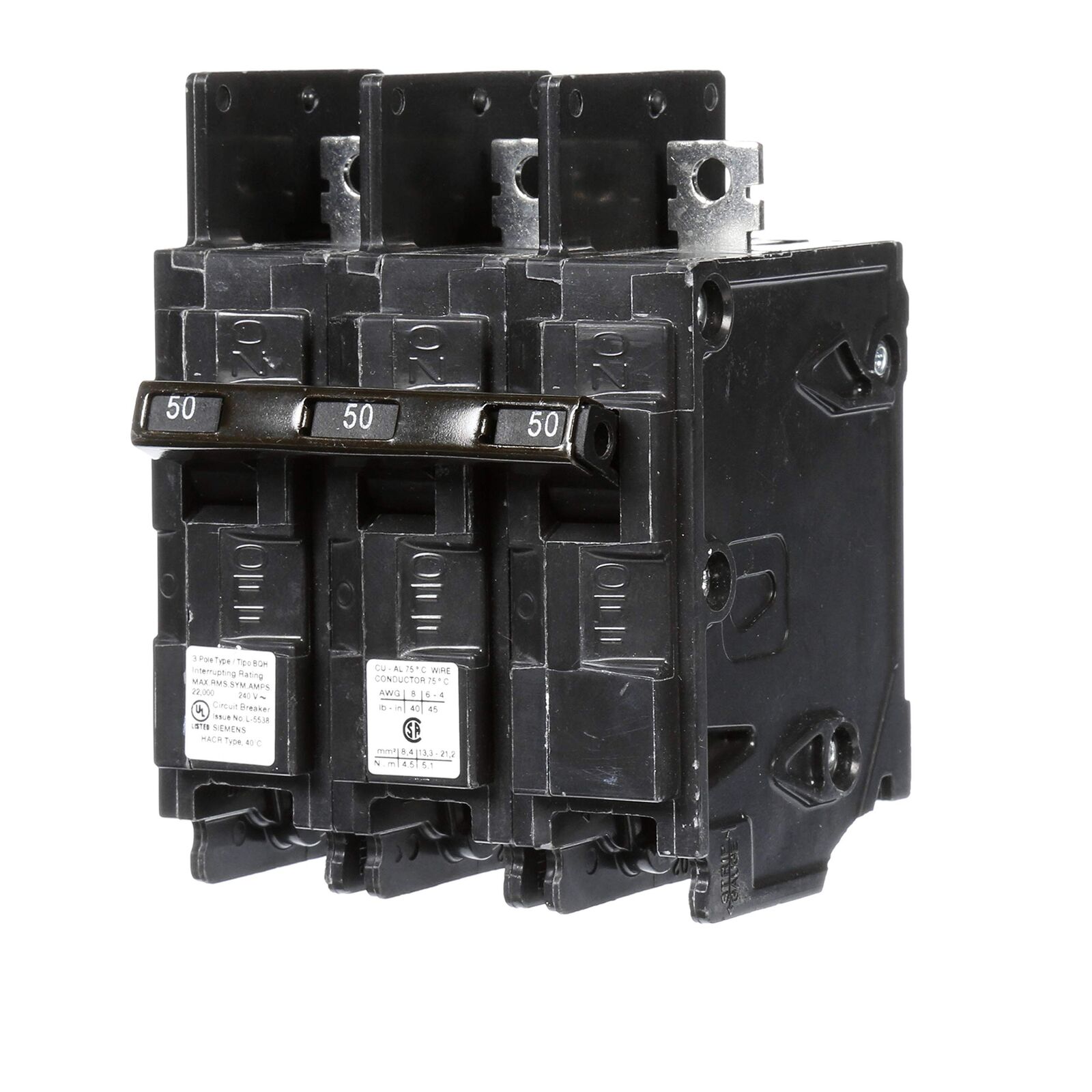 Siemens BQ3B050H 50-Amp Three Pole 240-Volt 22KAIC Lug In/Lug Out Breaker