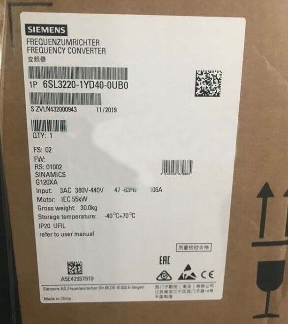 6SL3220-1YD40-0UB0 New Siemens SINAMICS G120XA Inverter 6SL3220-1YD40-0UB0