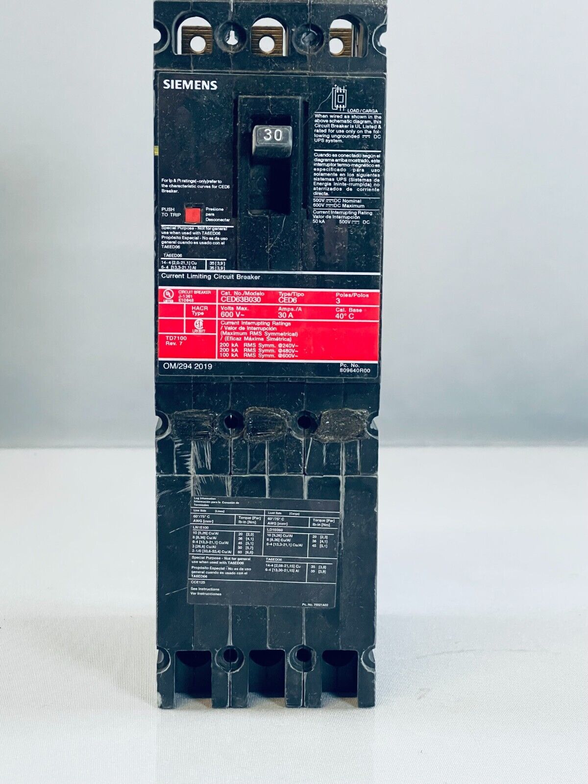 Siemens CED63B030 Sentron Molded Case Circuit Breaker 3P, 30A, 600V