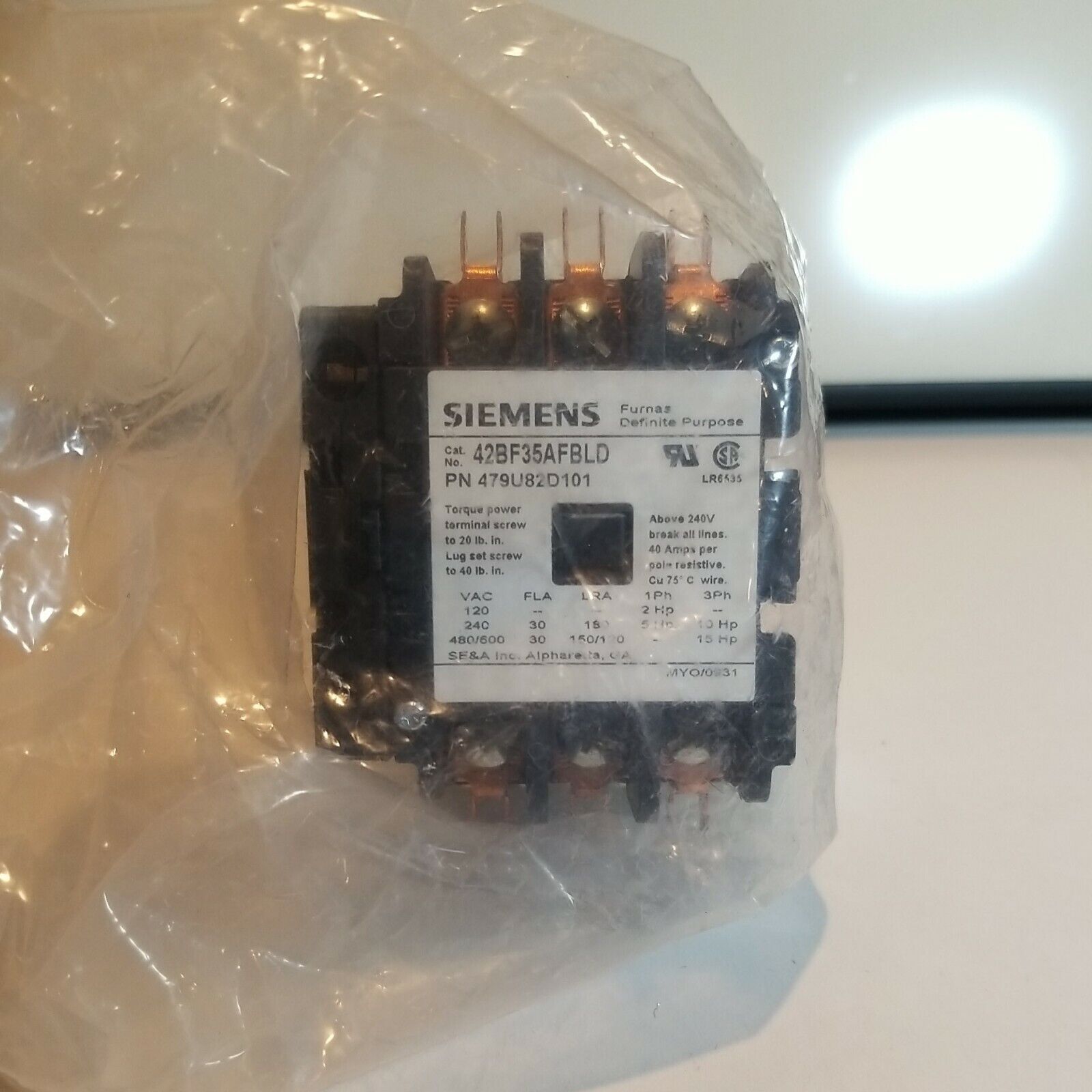 SIEMENS 42BF35AFBLD PN 479u82d101 DEFINITE PURPOSE CONTACTOR HVAC electrical H