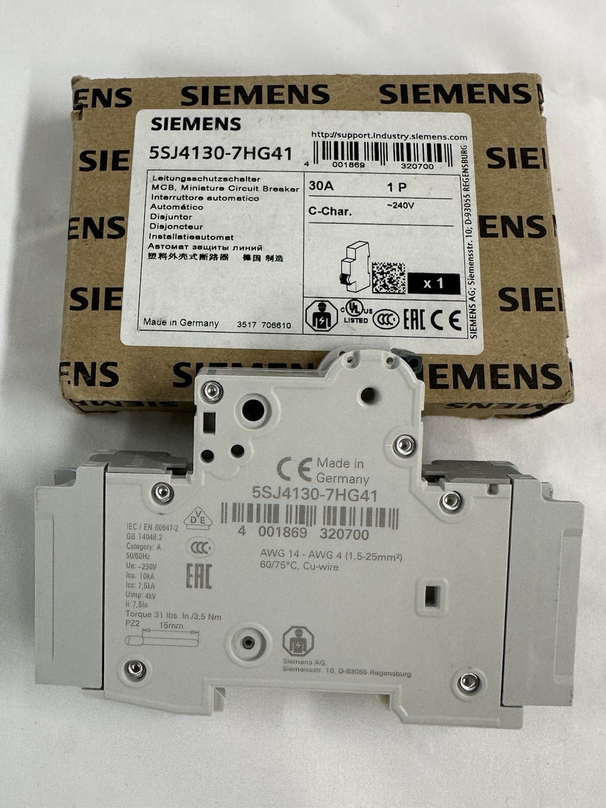 Siemens 5SJ4130-7HG41 Miniature circuit breaker 240VAC  1-pole 30A 5SJ41307HG41