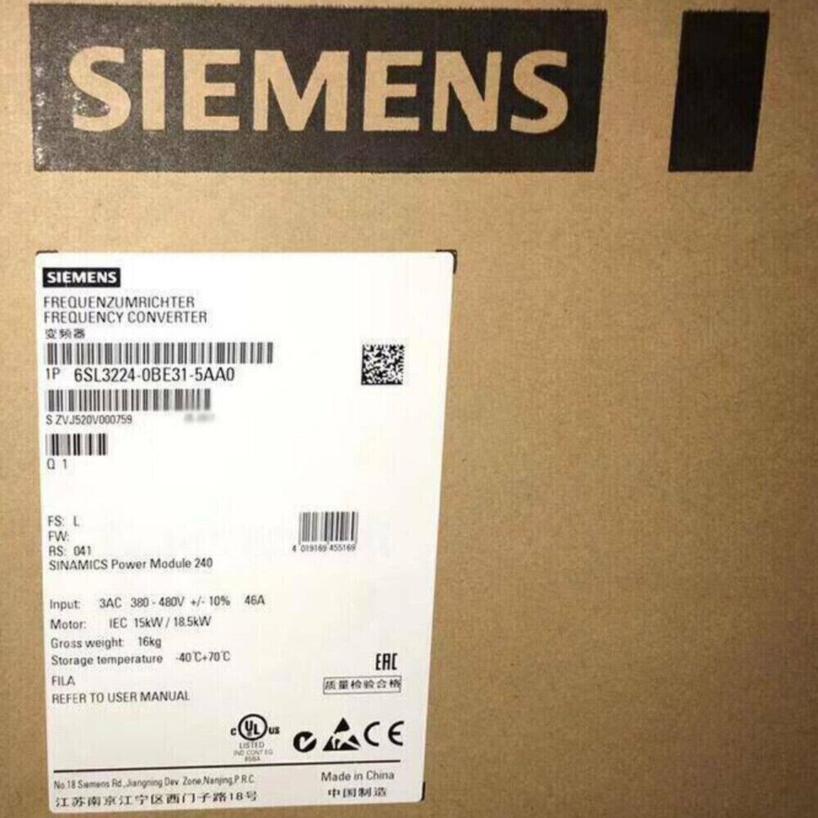 New Siemens 6SL3 224-0BE31-5AA0 6SL3224-0BE31-5AA0 G120 PM240 Power Module