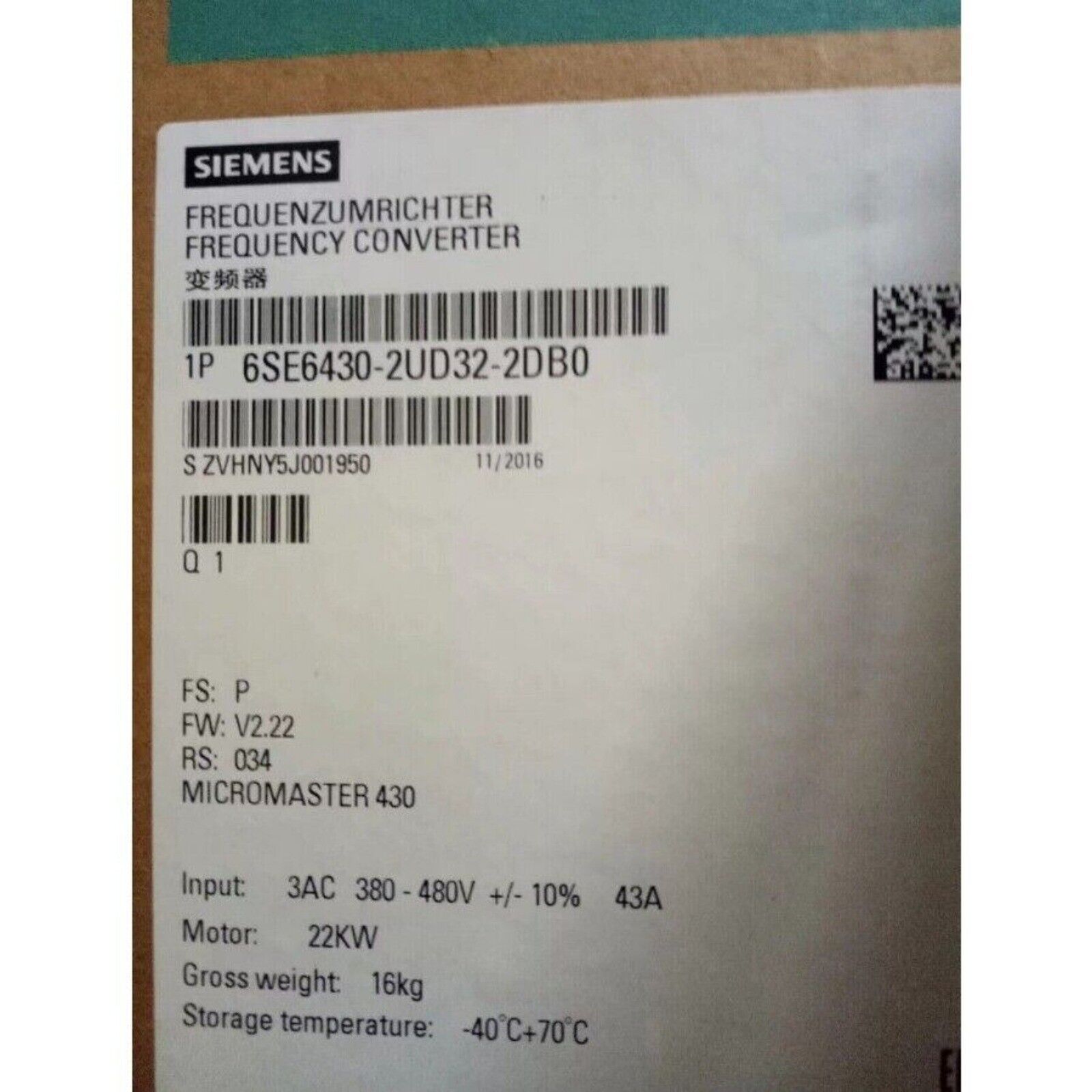 Siemens MICROMASTER430 Without Filter 6SE6 430-2UD32-2DB0 New DHL/FedEx/UPS