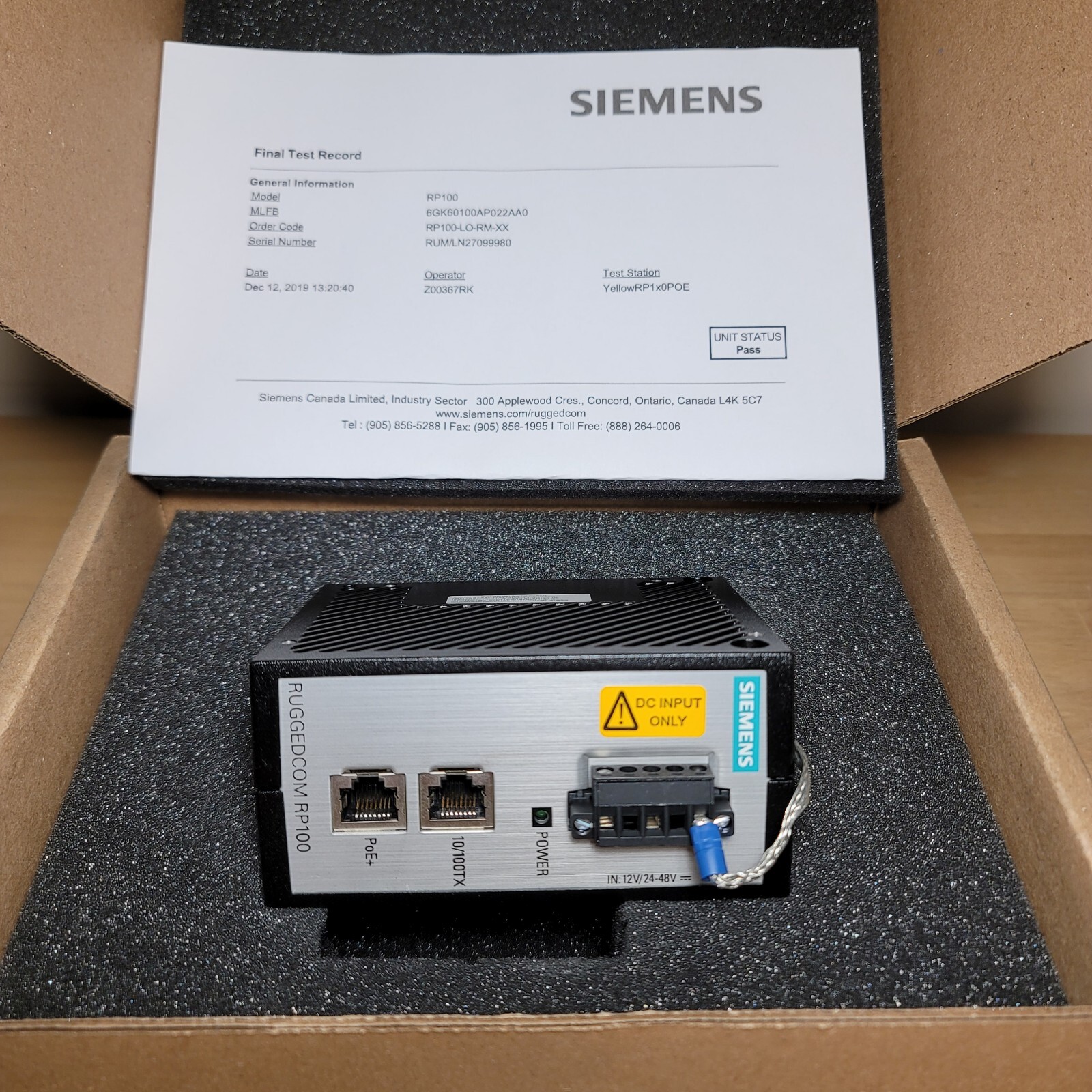 Siemens RP100-LO-RM-XX Power Over Ethernet 12VDC 6GK60100AP022AA0