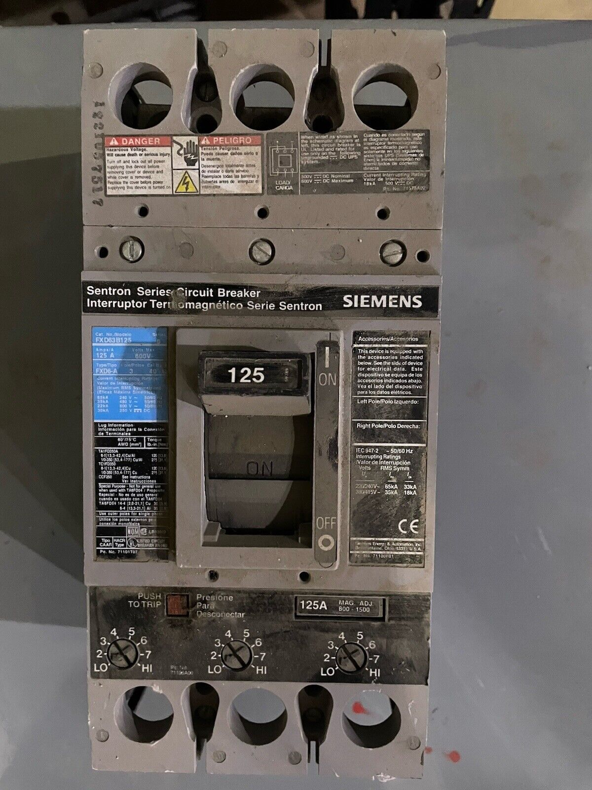 Siemens FXD63B125 125 Amp 600V 3 Pole 35ka@480V Circuit Breaker