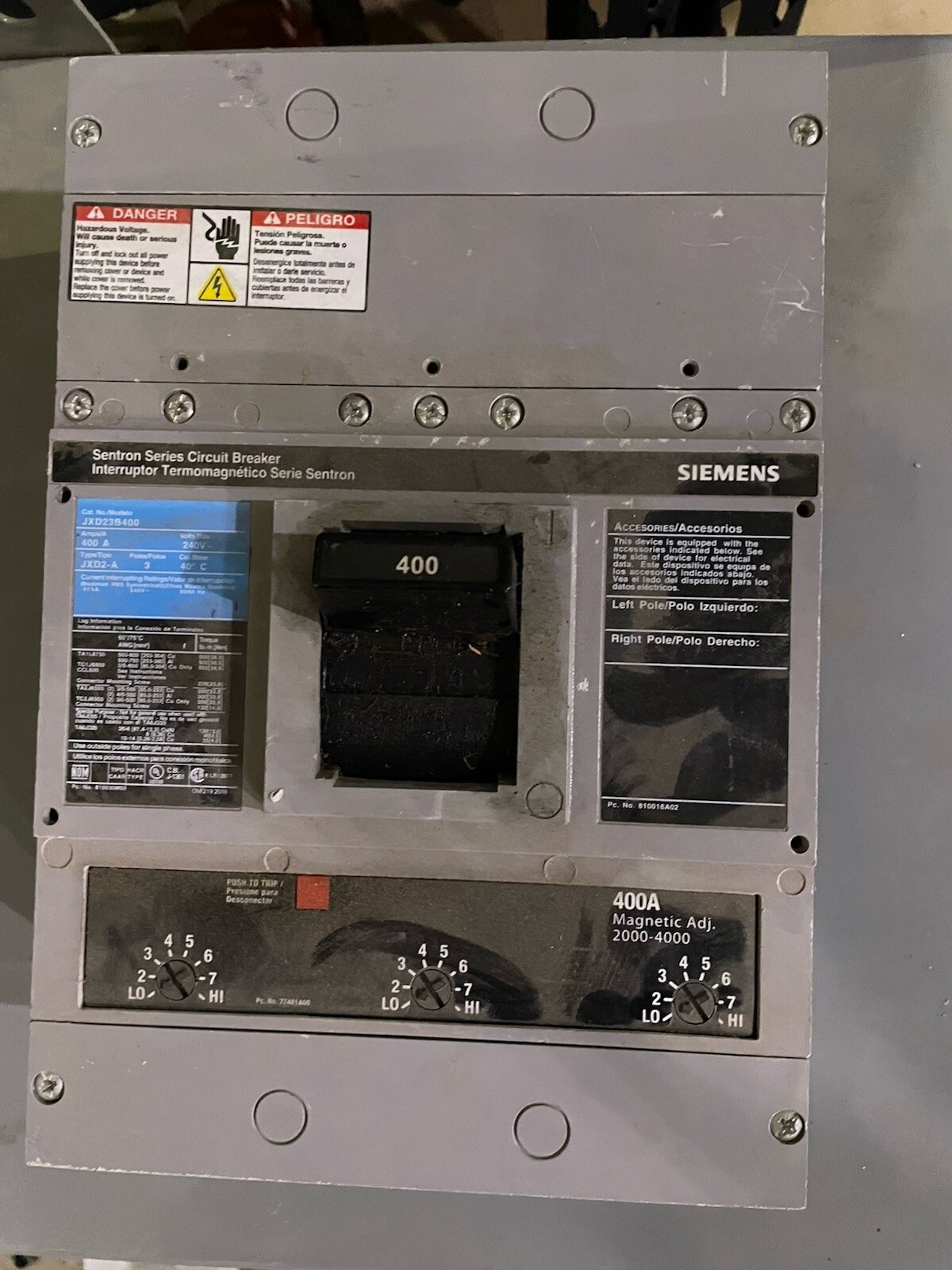 JXD23B400 Siemens 400 Amp 240 Volt Circuit Breaker