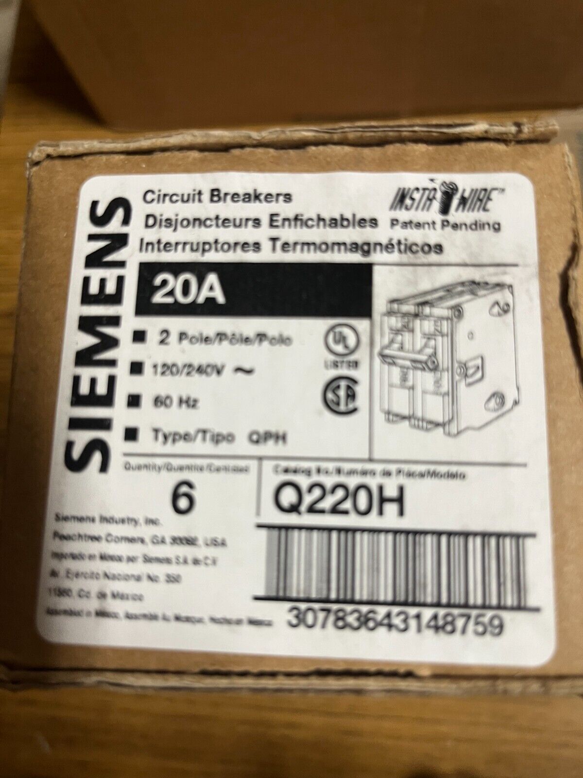 6  x  Siemens Q220H 2 Pole 20 Amp 22k Aic New Box Of 6  NEW IN BOX