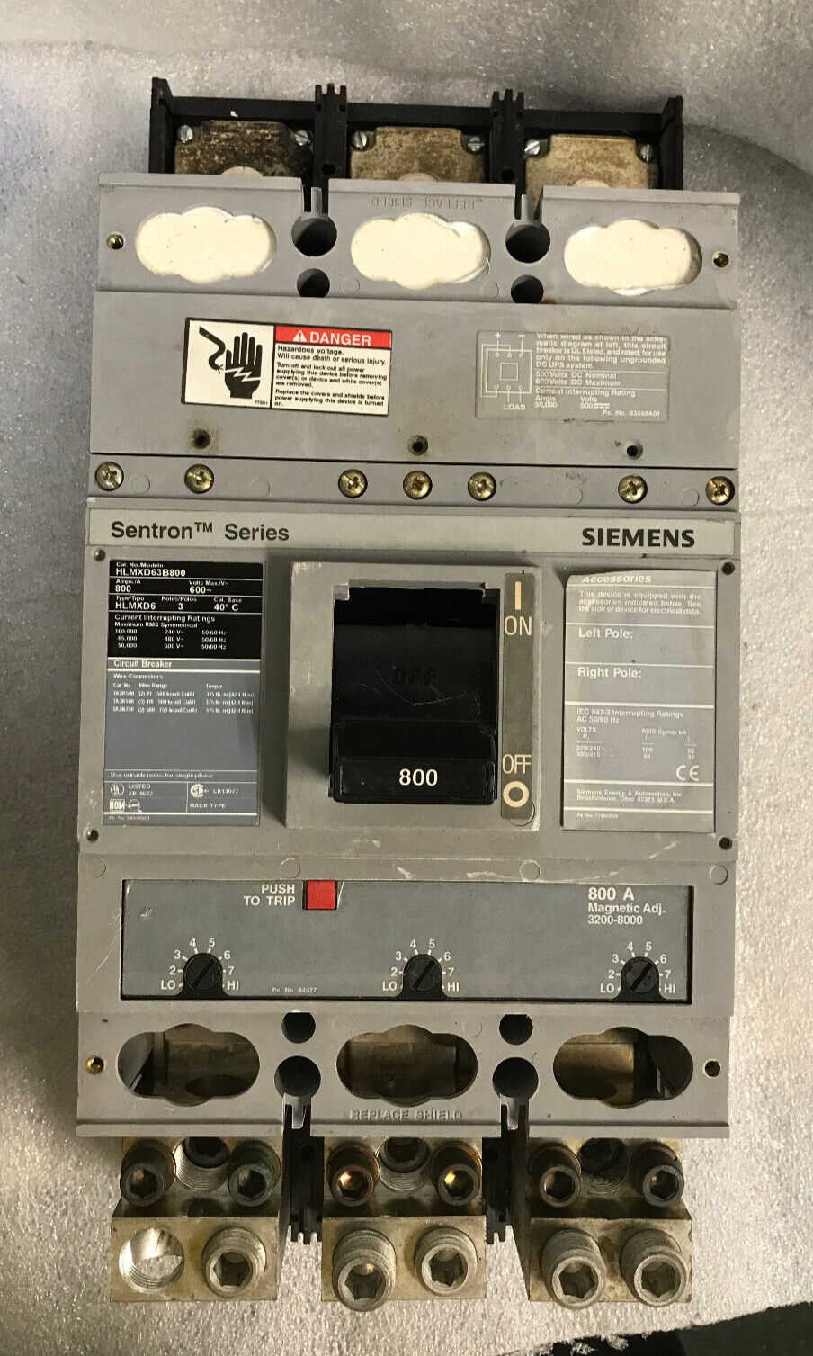Siemens HLMXD63B800 800 Amp 600 Volt 3 Pole Circuit Breaker