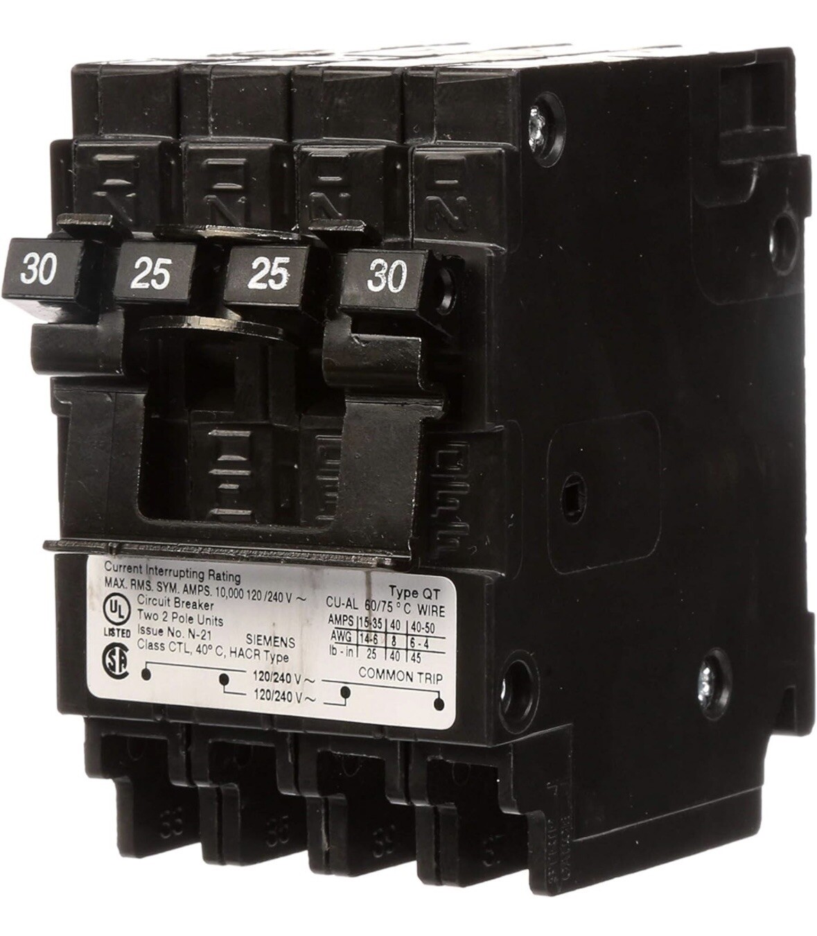Siemens Q23025CT2 Quad Circuit Breaker 2-2 Poles 25 Amp, 30 Amp