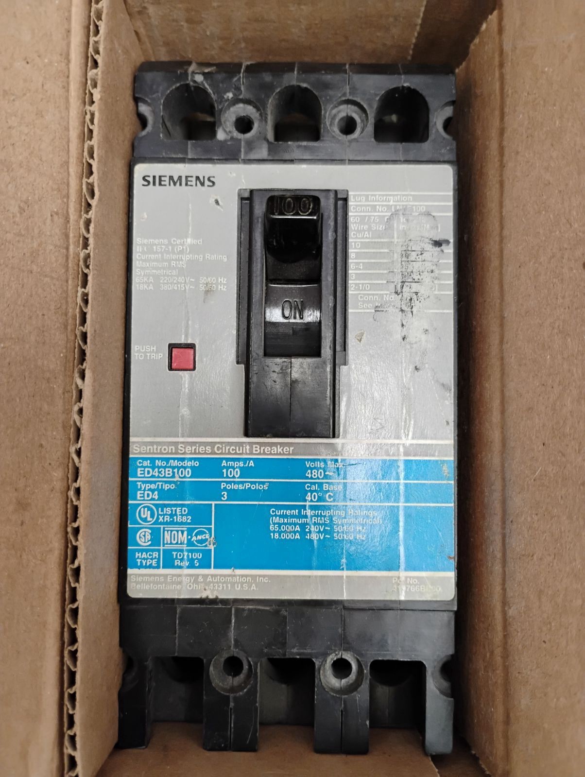 Siemens 100 Amp 3 Pole Circuit Breaker; ED43B100, new take out open box