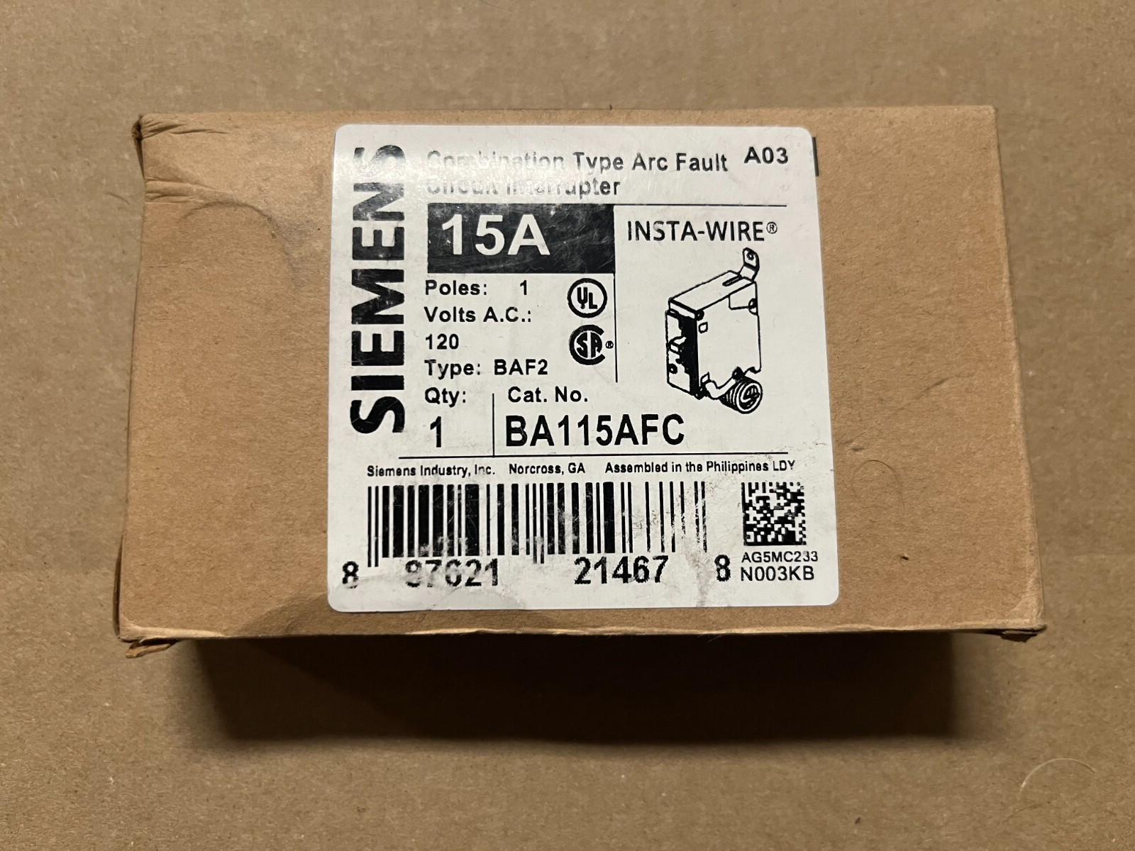 Siemens BA115AFC Bolt-On Circuit Breaker 15A 120V 1P 1PH BA 15 AMP 120 Volt NEW
