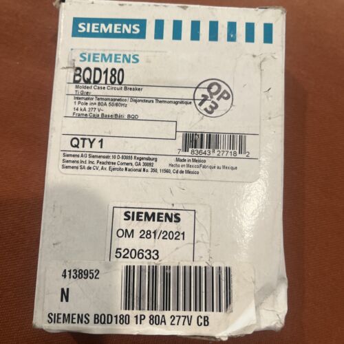 SIEMENS BQD180 1 POLE 80A  277 V NEW OPEN BOX