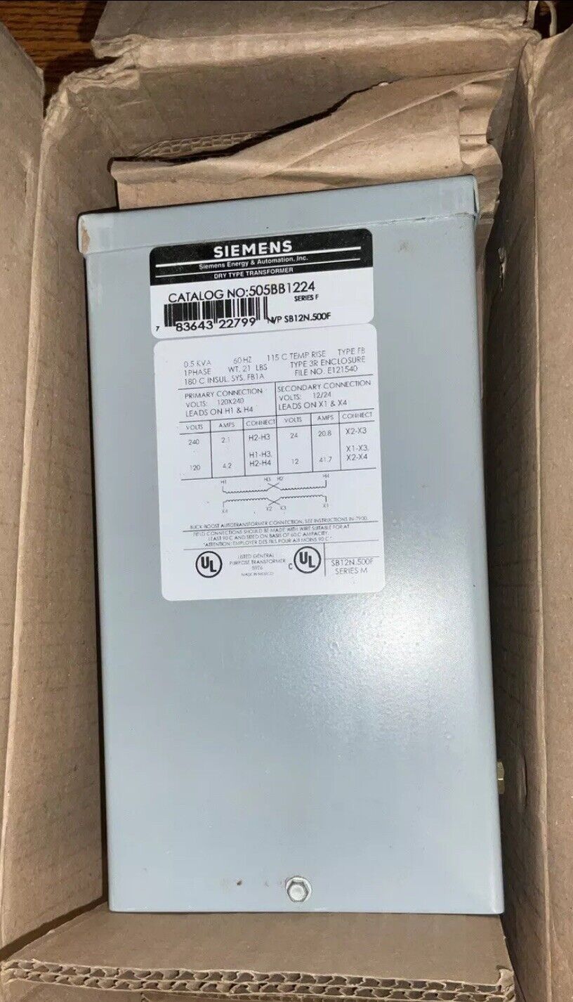 SIEMENS 505BB1224 Series F .5 KVA BUCK BOOST TRANSFORMER 1-Ph 120X240 Dry Type