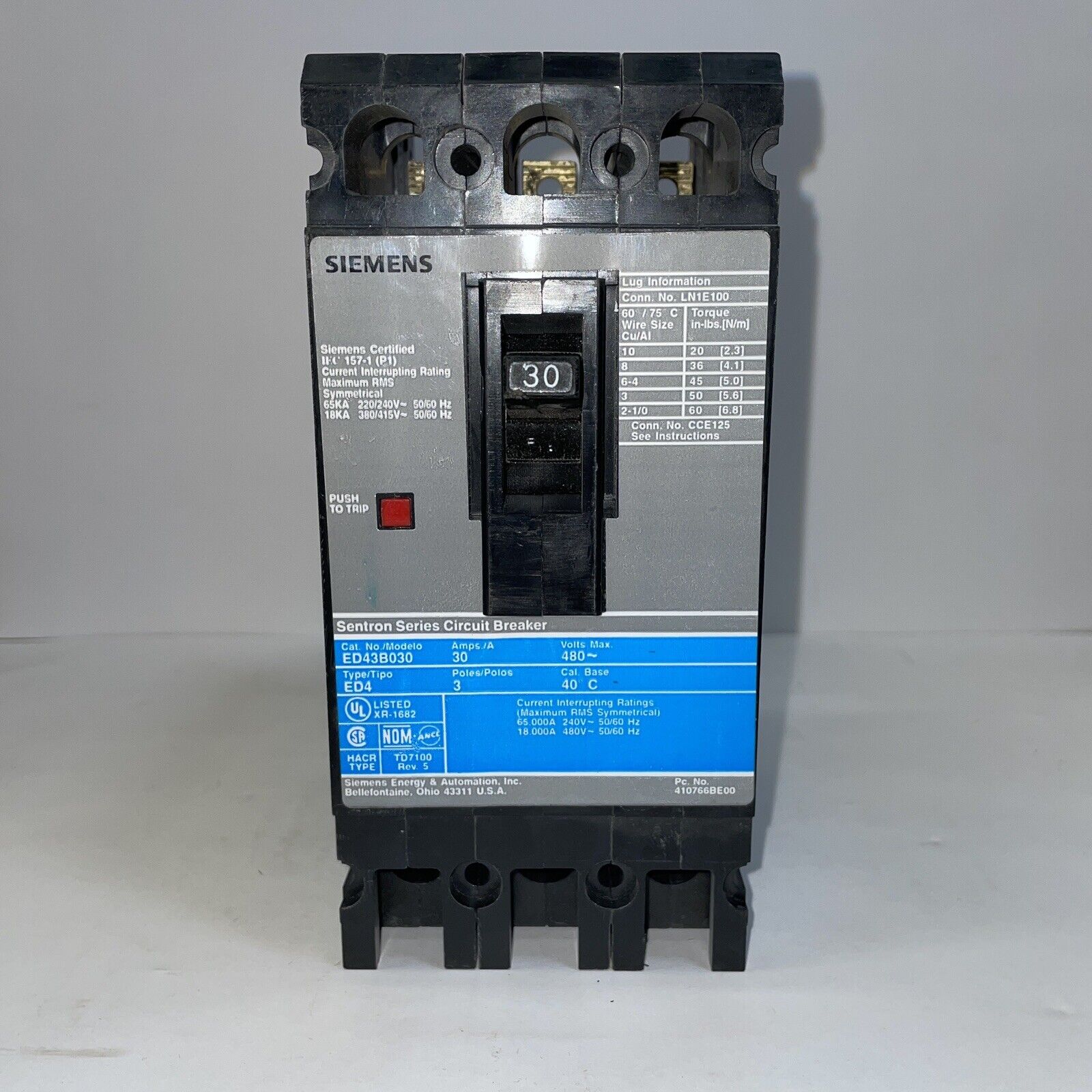 SIEMENS ED43B030 30A 3 POLE MOLDED CASE CIRCUIT BREAKER