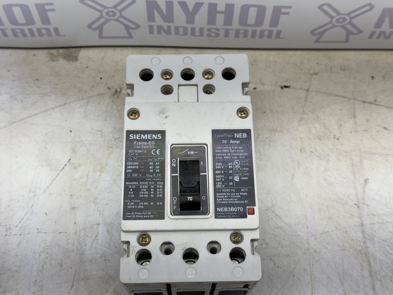 SIEMENS NEB3B070 70AMP BREAKER (JV)-Used 