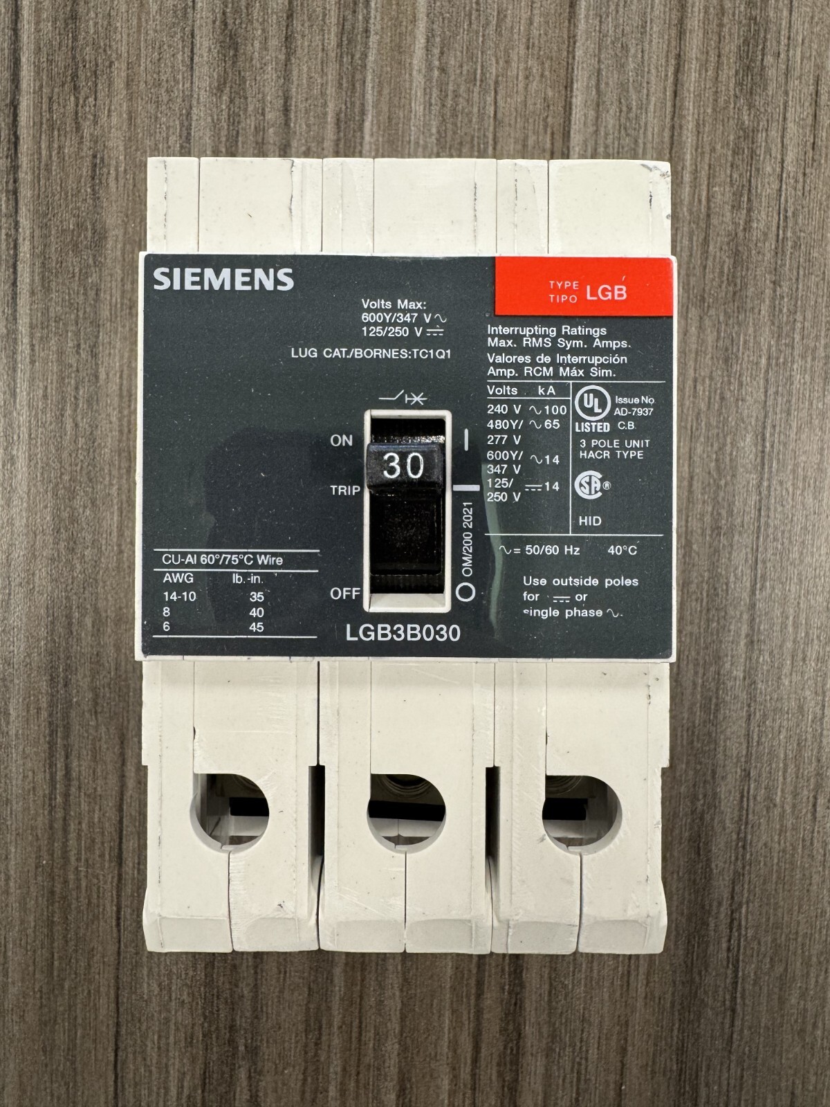 Siemens LGB3B030B 3P 30A 480V Circuit Breaker