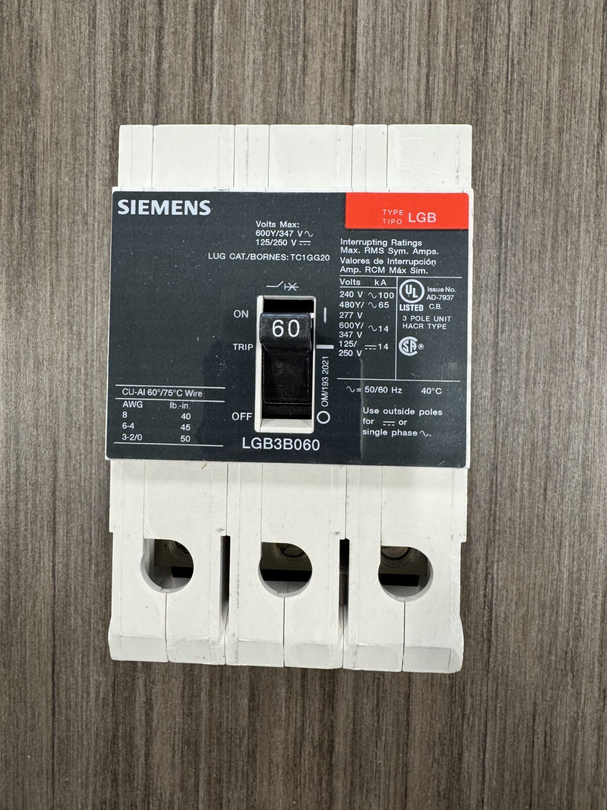 Siemens LGB3B060B 3P 60A 480V Circuit Breaker
