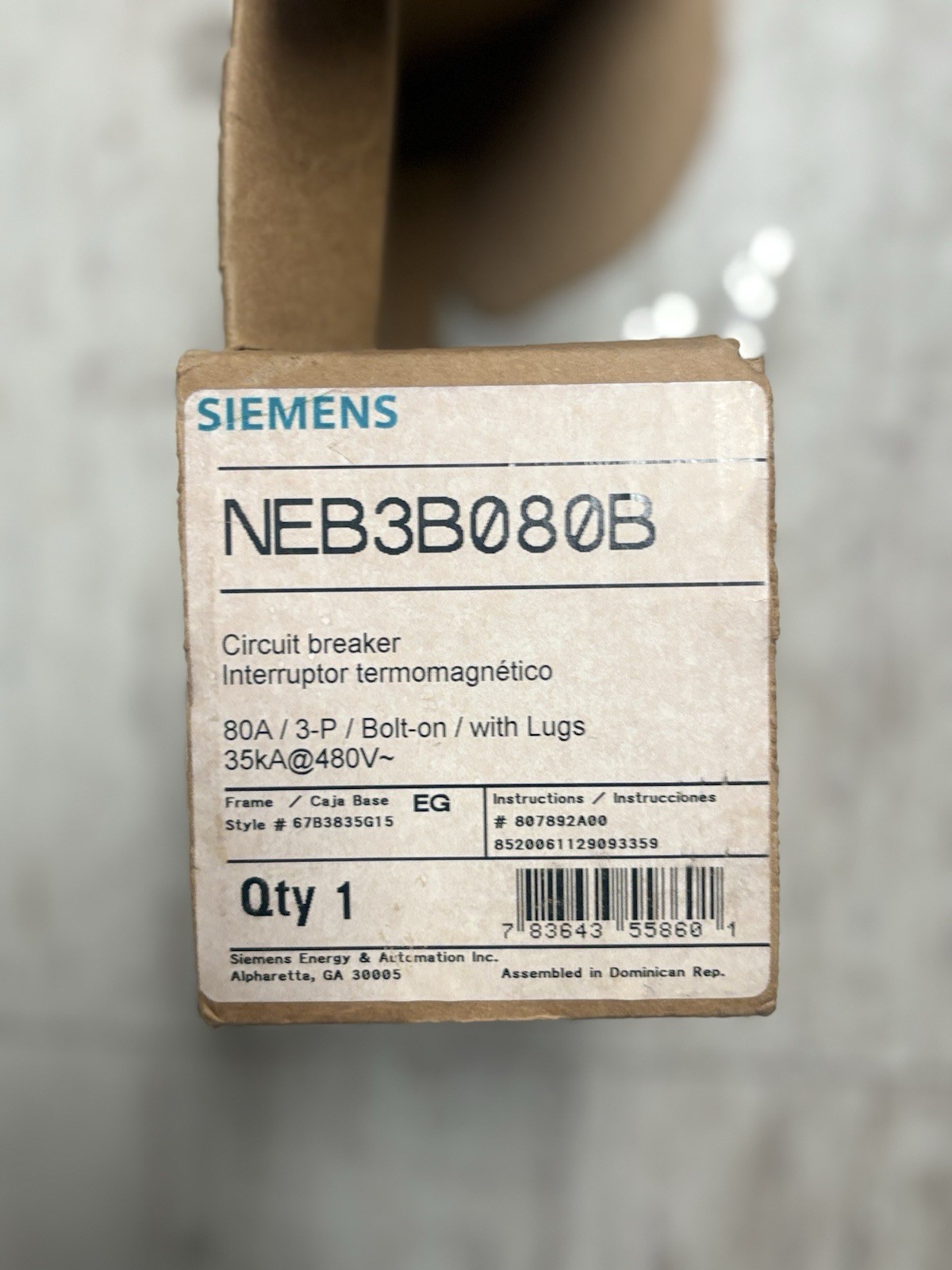 SIEMENS NEB3B070 3-P 80A 600V CIRCUIT BREAKER TYPE NEB (NP1)