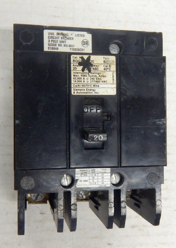 Siemens BQCH3B020 Molded Case Circuit Breaker 3 Pole 20 Amp 277/480V 14kA USED