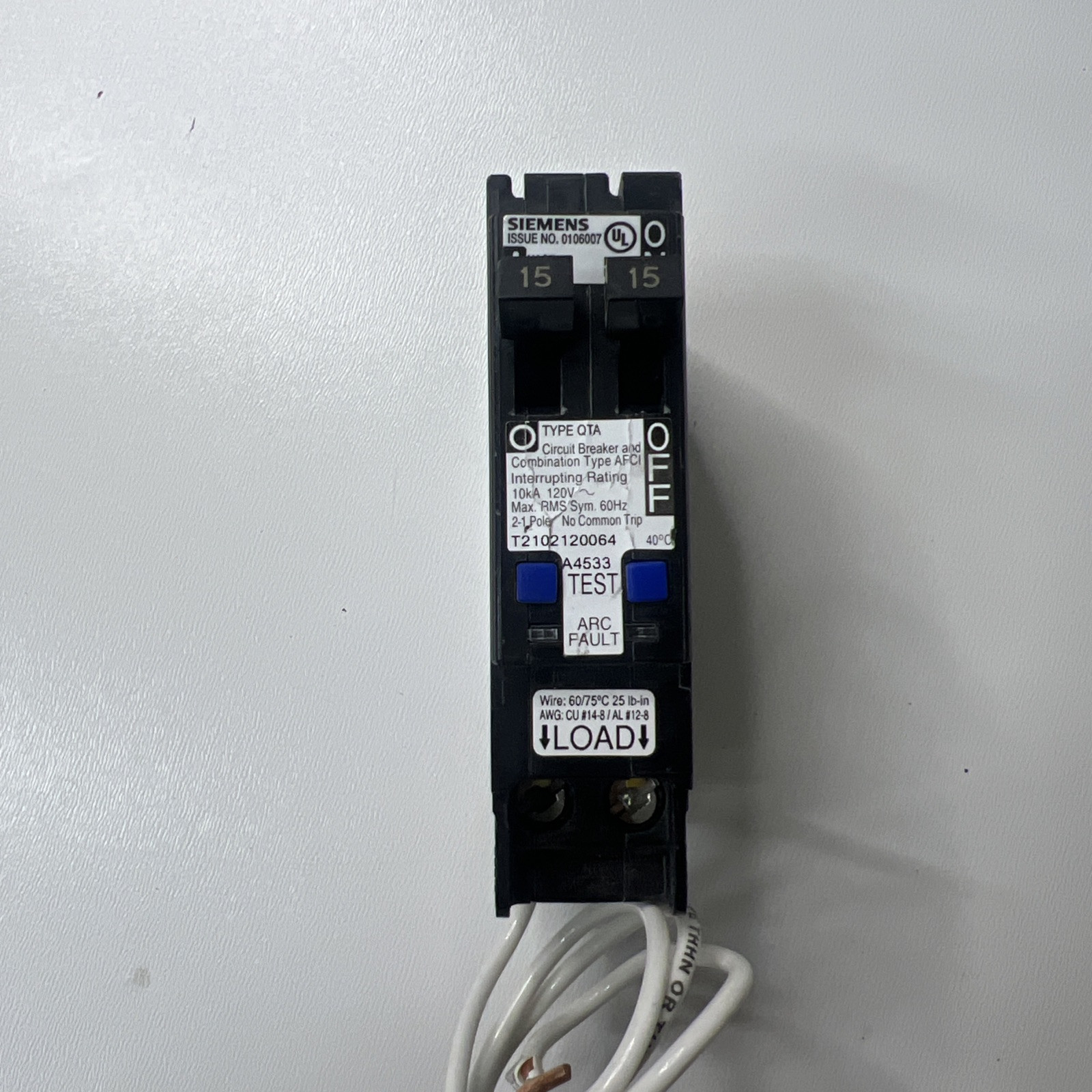 Siemens Q1515AFC 15A 120V Plug-In Single Pole Tandem CAFCI Type QTA Circuit...