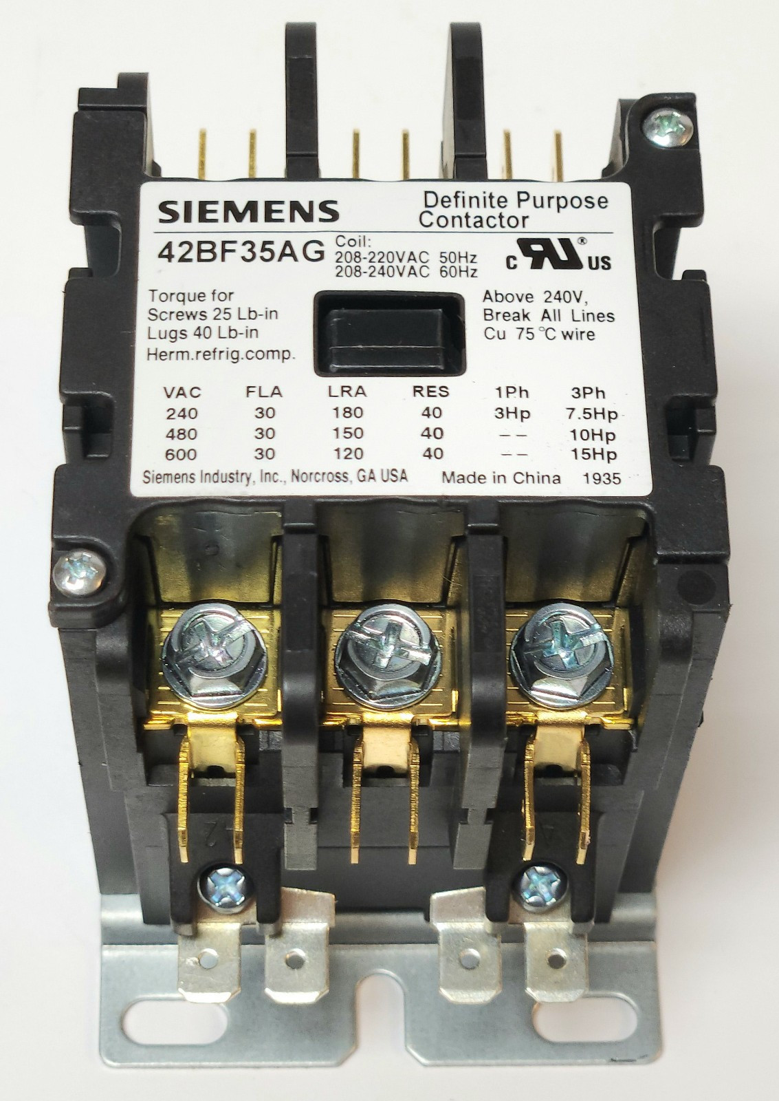 SIEMENS 42BF35AG 61432 3 Pole 208 220 240 VAC Contactor Definite Purpose 30 AMP